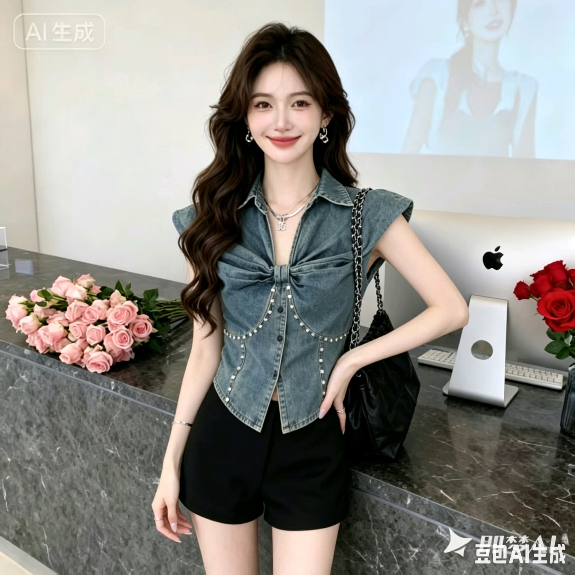 개성 단추 스타일 레트로 데님 조끼 여성 2026 여름 섹션 프릴 V넥 몸매 가꾸기 쇼트 스타일 무거운 작업 맨위 상세 이미지 10