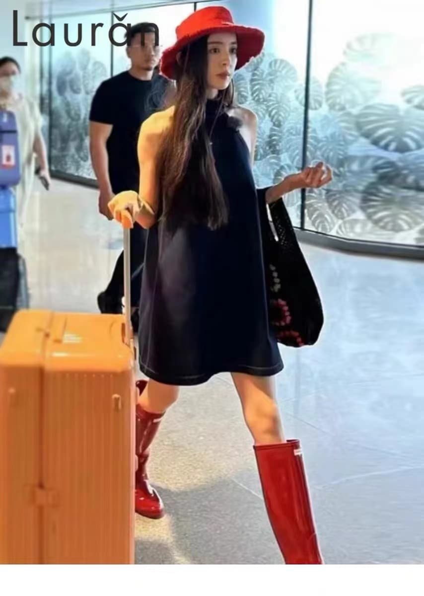 Na 넥타이 같은 단락 레트로 블루 행침 목 데님 여성 드레스 여름 품격 슬림해 보이는 루즈핏 오프숄더 캐미솔 미니 스커트