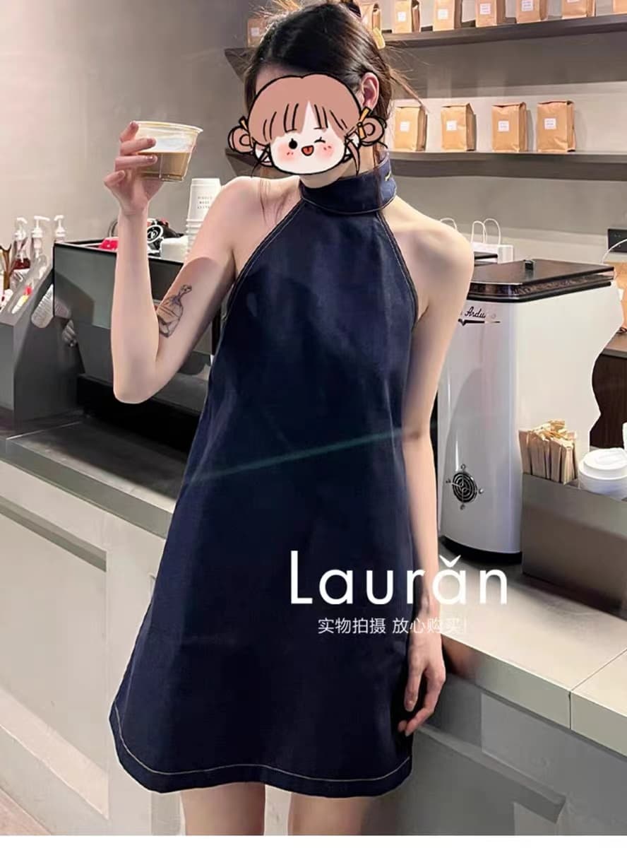 Na 넥타이 같은 단락 레트로 블루 행침 목 데님 여성 드레스 여름 품격 슬림해 보이는 루즈핏 오프숄더 캐미솔 미니 스커트 이미지 3