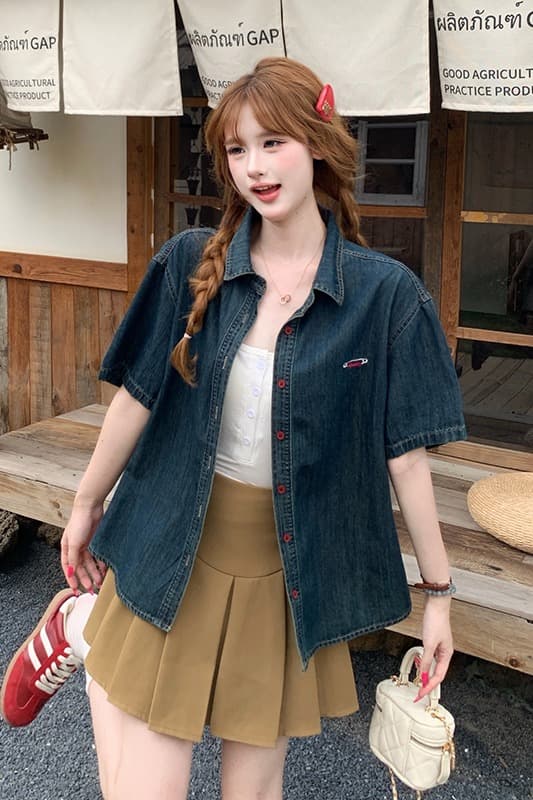 殴打 대륙 역 한 부서 여름 새로운 자수 색상 장식 얇은 스타일 데님 반팔 맨위 이미지 7