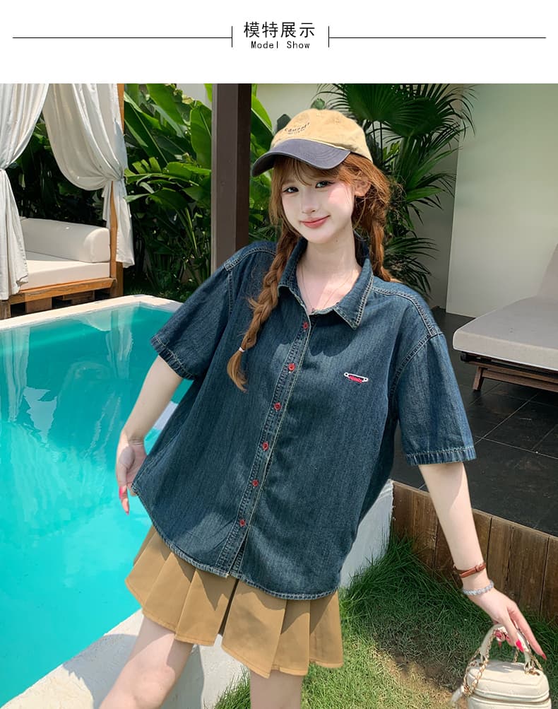 殴打 대륙 역 한 부서 여름 새로운 자수 색상 장식 얇은 스타일 데님 반팔 맨위 상세 이미지 2