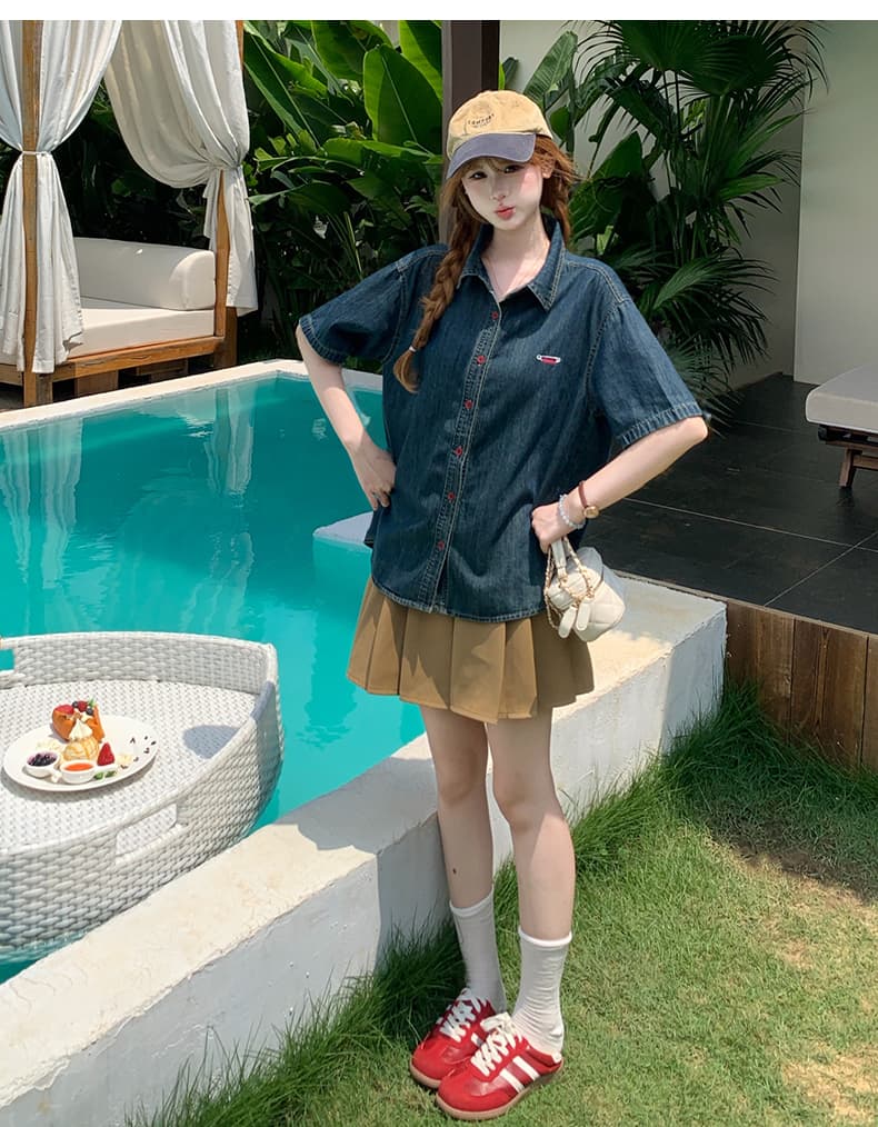 殴打 대륙 역 한 부서 여름 새로운 자수 색상 장식 얇은 스타일 데님 반팔 맨위 상세 이미지 9