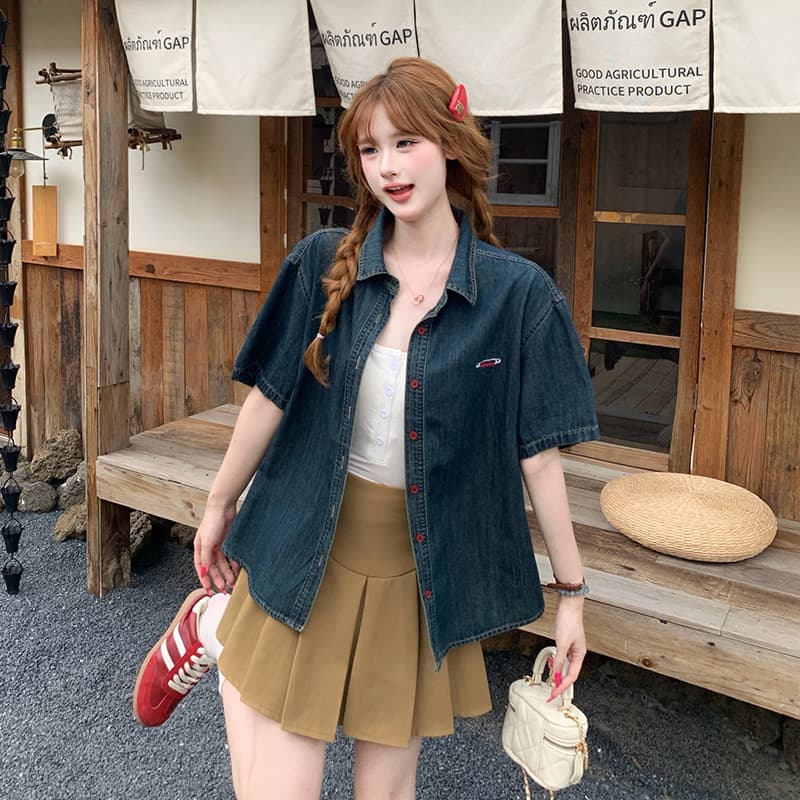 殴打 대륙 역 한 부서 여름 새로운 자수 색상 장식 얇은 스타일 데님 반팔 맨위 얕은 깊이 색상 이미지 3