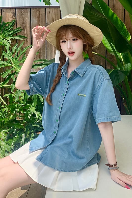 殴打 대륙 역 한 부서 여름 새로운 자수 색상 장식 얇은 스타일 데님 반팔 맨위 얕은 깊이 색상 이미지 7