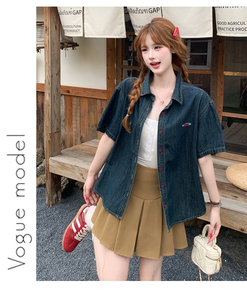 殴打 대륙 역 한 부서 여름 새로운 자수 색상 장식 얇은 스타일 데님 반팔 맨위 얕은 깊이 색상 상세 이미지 12
