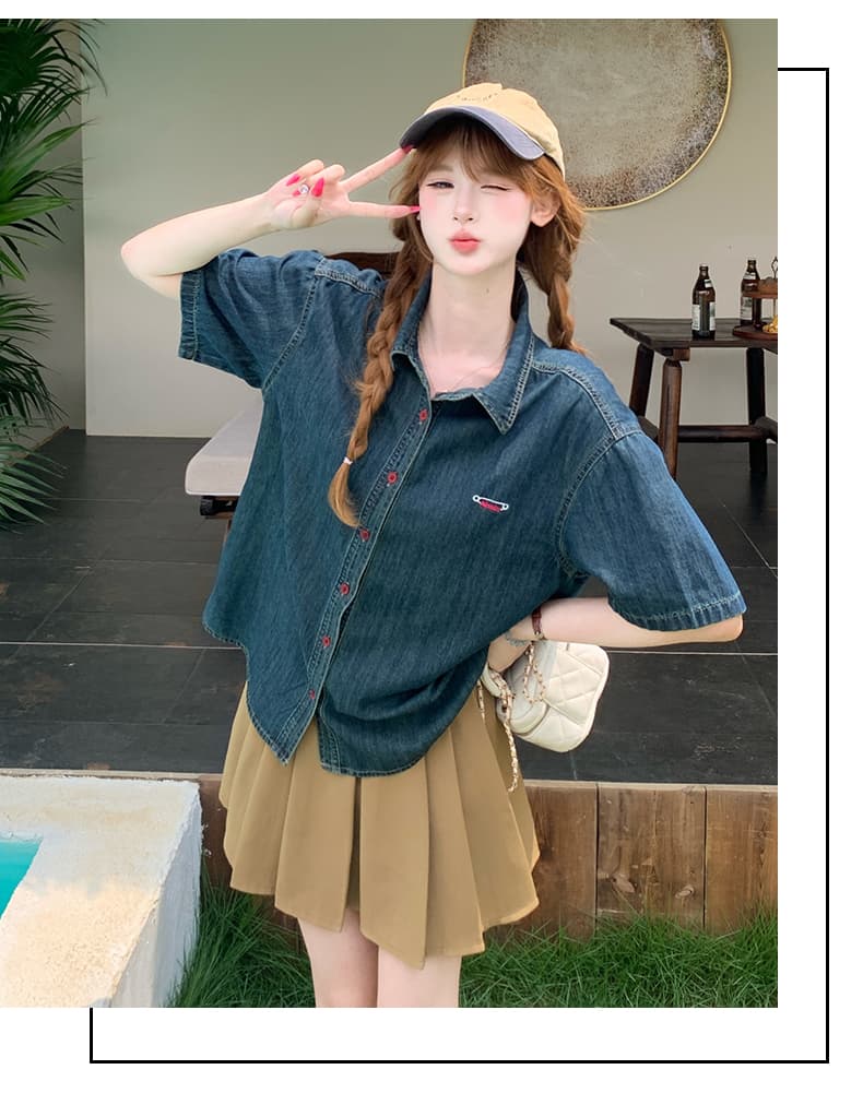 殴打 대륙 역 한 부서 여름 새로운 자수 색상 장식 얇은 스타일 데님 반팔 맨위 얕은 깊이 색상 상세 이미지 18