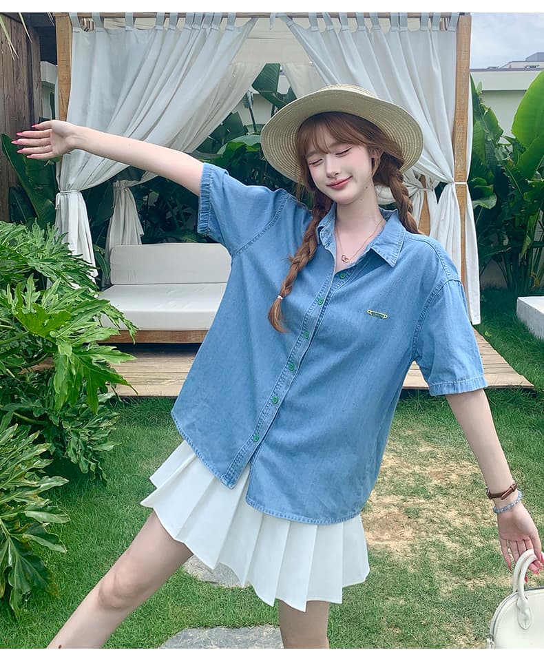 殴打 대륙 역 한 부서 여름 새로운 자수 색상 장식 얇은 스타일 데님 반팔 맨위 얕은 깊이 색상 상세 이미지 28