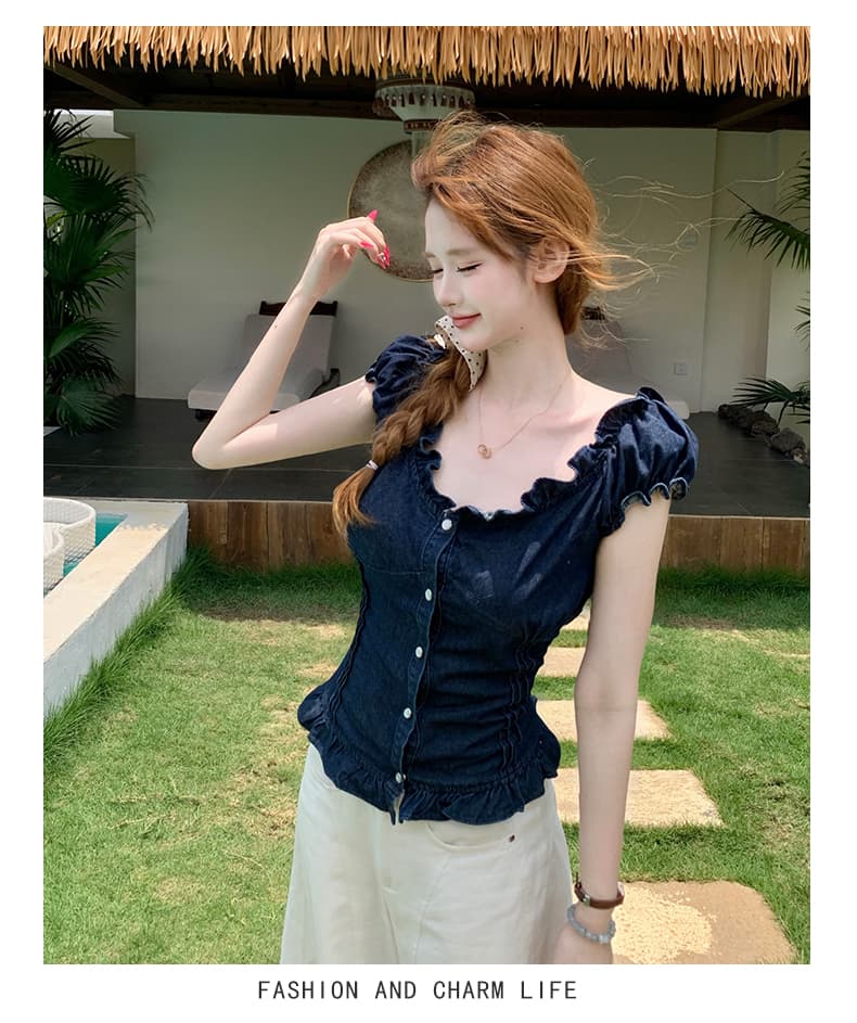 달콤한 차가운 핫걸 거품 소매 프릴 허리 수축 슬림해 보이는 여름 얇은 스타일 데님 맨위 상세 이미지 10