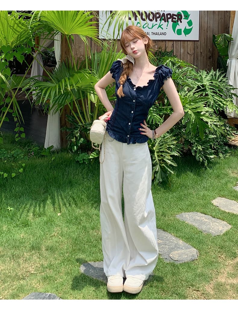 달콤한 차가운 핫걸 거품 소매 프릴 허리 수축 슬림해 보이는 여름 얇은 스타일 데님 맨위 상세 이미지 11