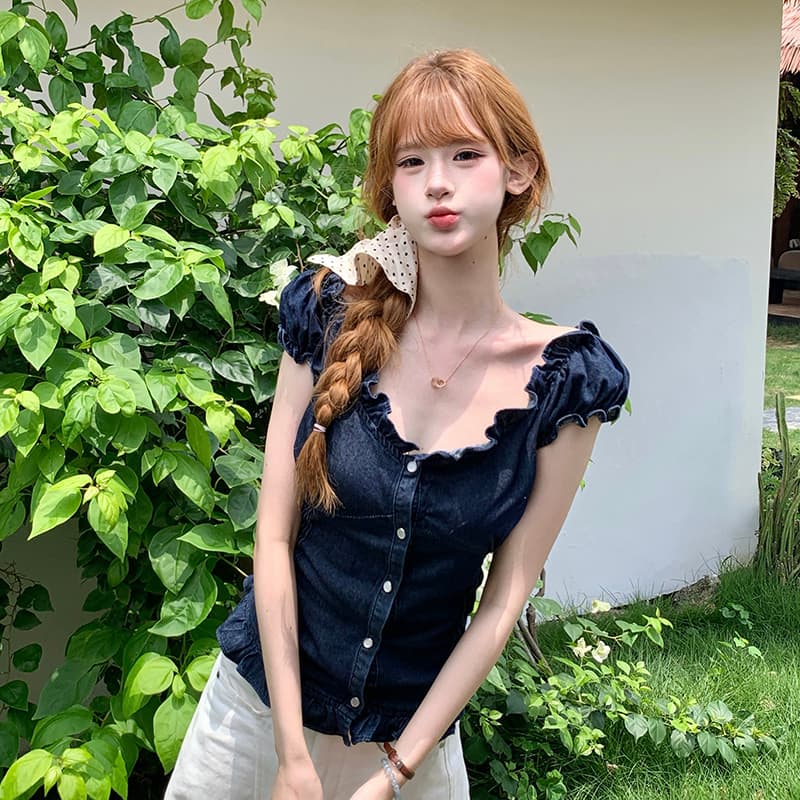 달콤한 차가운 핫걸 거품 소매 프릴 허리 수축 슬림해 보이는 여름 얇은 스타일 데님 맨위 이미지 2