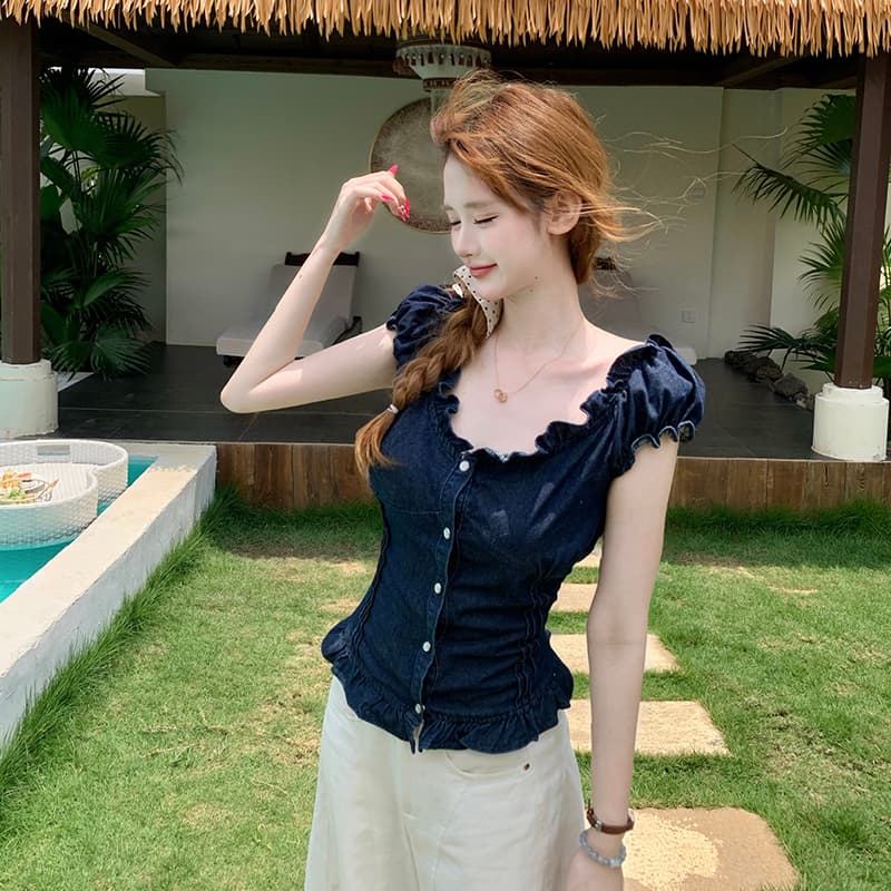 달콤한 차가운 핫걸 거품 소매 프릴 허리 수축 슬림해 보이는 여름 얇은 스타일 데님 맨위 이미지 4