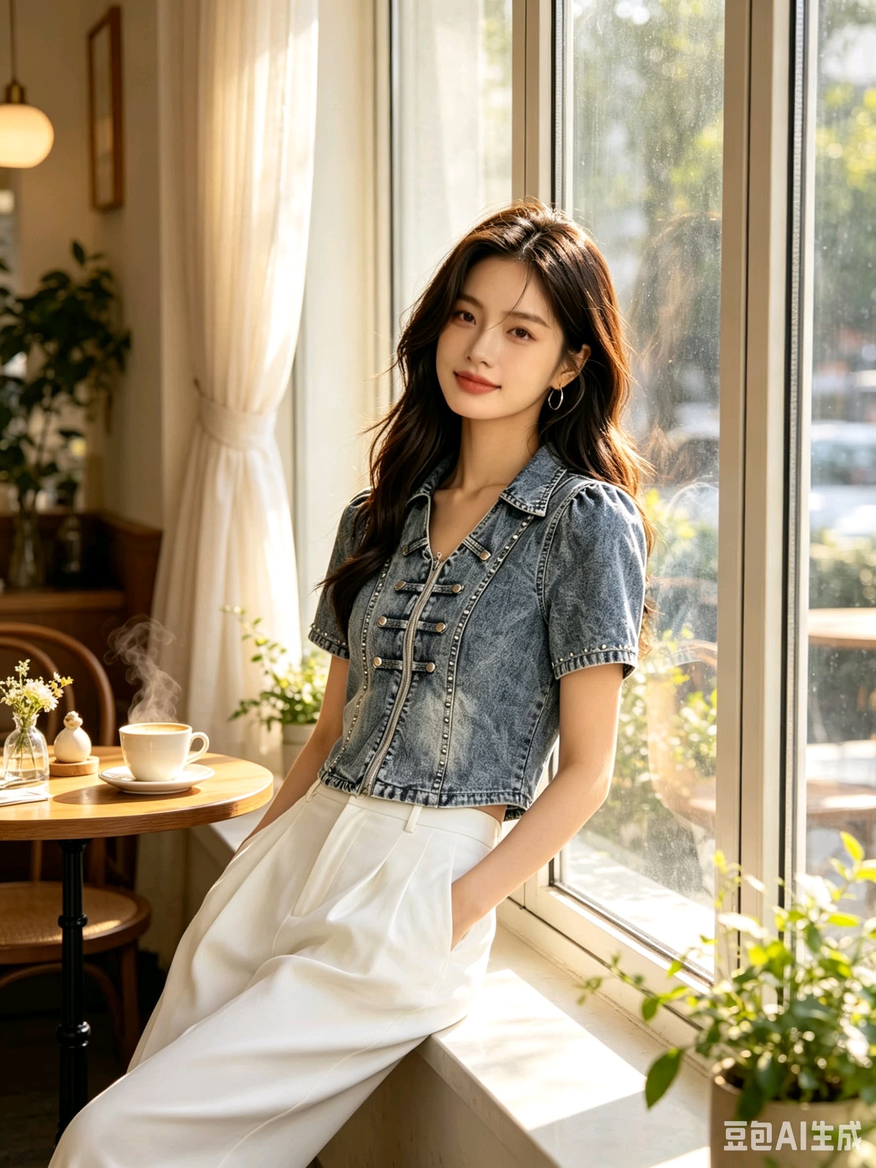 한국 스타일 데님 셔츠 재킷 반팔 무거운 작업 비즈 박기 맨위 여성 이미지 5