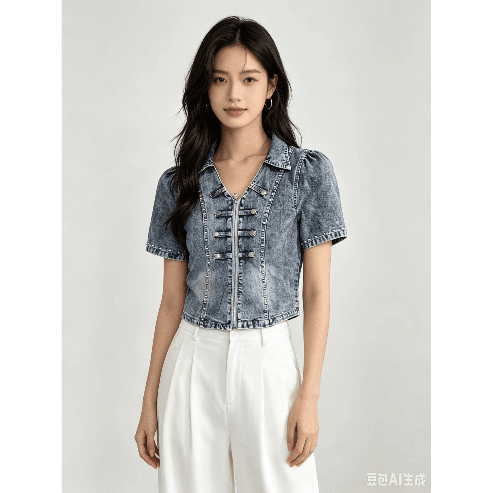 한국 스타일 데님 셔츠 재킷 반팔 무거운 작업 비즈 박기 맨위 여성 이미지 6