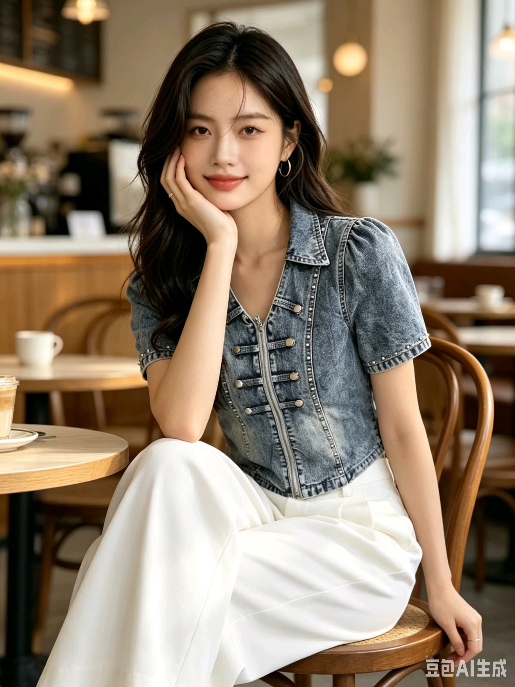 한국 스타일 데님 셔츠 재킷 반팔 무거운 작업 비즈 박기 맨위 여성 상세 이미지 1