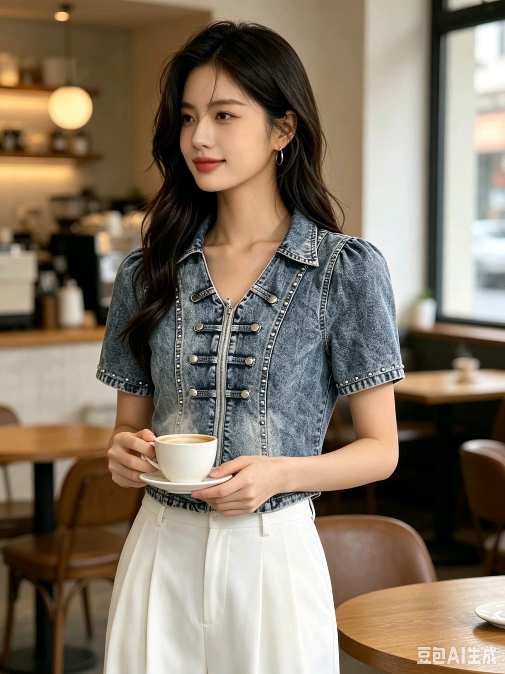 한국 스타일 데님 셔츠 재킷 반팔 무거운 작업 비즈 박기 맨위 여성 상세 이미지 3