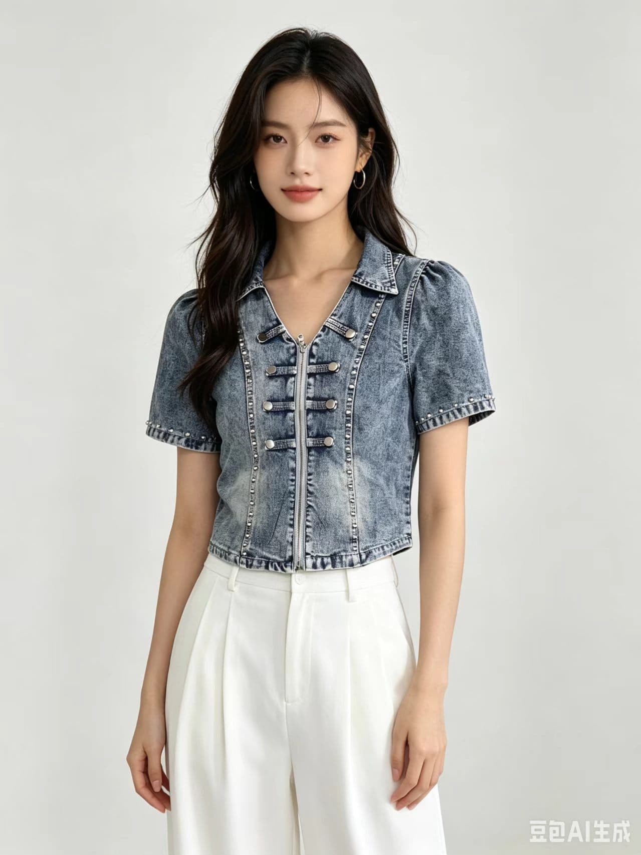한국 스타일 데님 셔츠 재킷 반팔 무거운 작업 비즈 박기 맨위 여성 상세 이미지 6