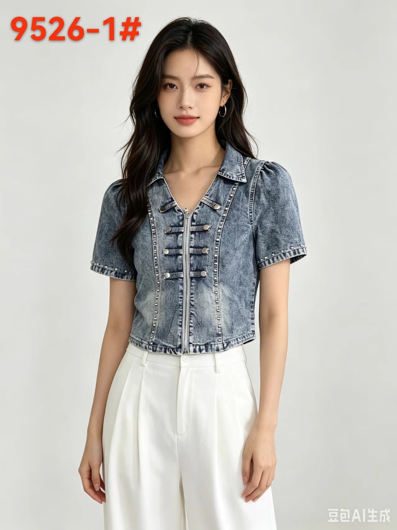 한국 스타일 데님 셔츠 재킷 반팔 무거운 작업 비즈 박기 맨위 여성 상세 이미지 7