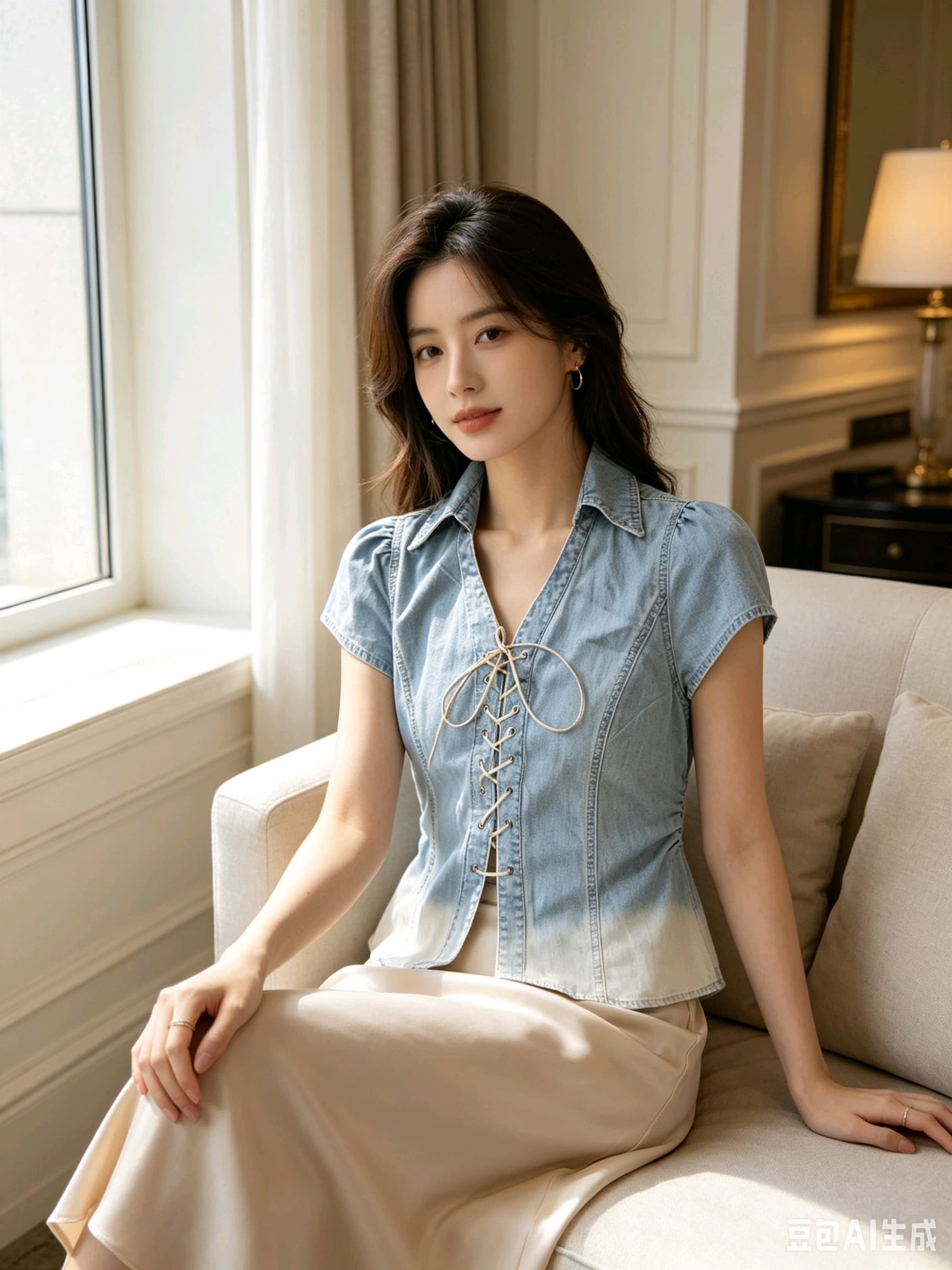 레트로 V넥 부서 반팔 데님 여성 셔츠 2026 여름 꼬집기 허리 슬림해 보이는 셔츠 쇼트 스타일 암소 ~ 중 맨위 반팔
