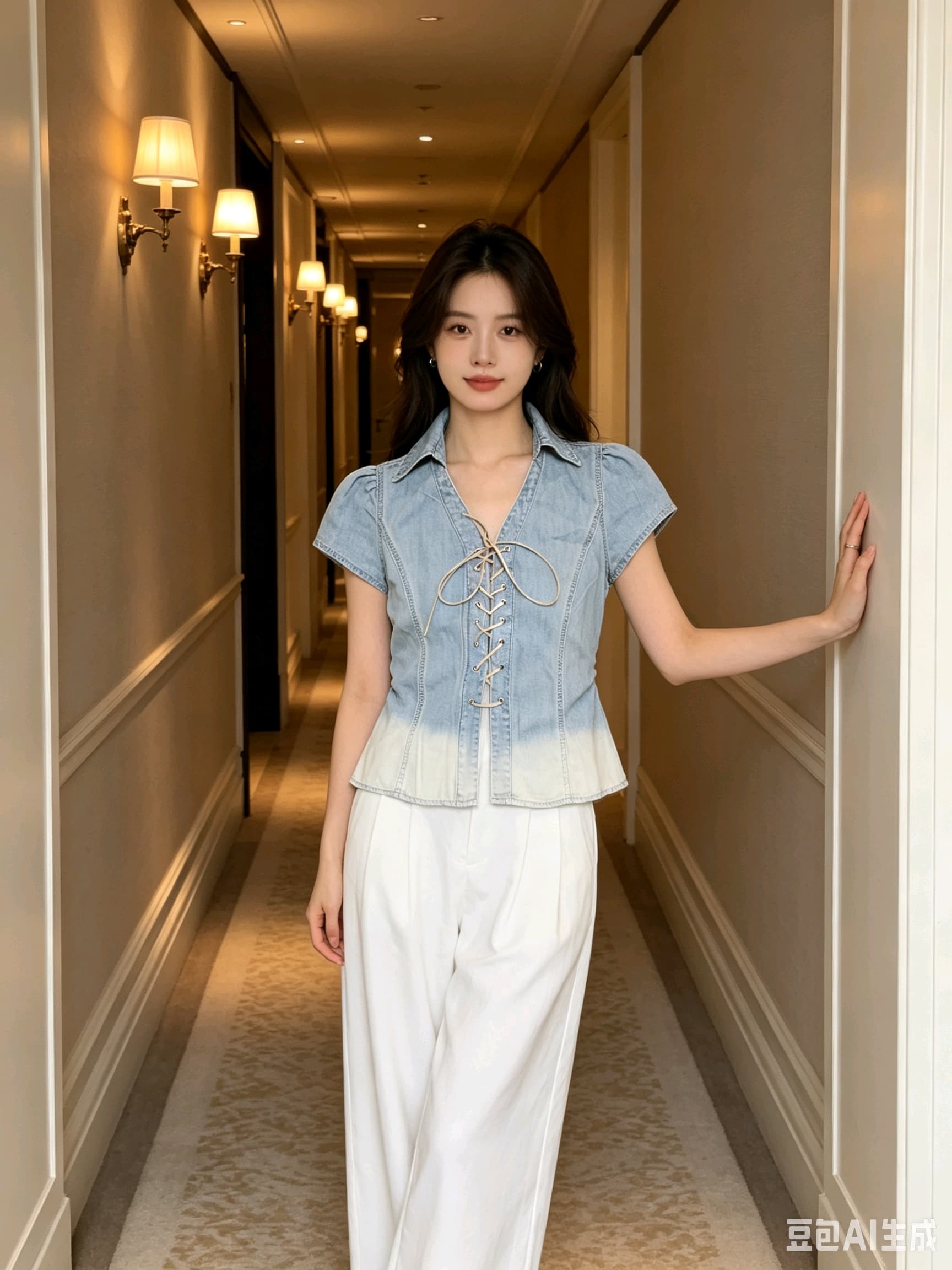 레트로 V넥 부서 반팔 데님 여성 셔츠 2026 여름 꼬집기 허리 슬림해 보이는 셔츠 쇼트 스타일 암소 ~ 중 맨위 반팔 이미지 2