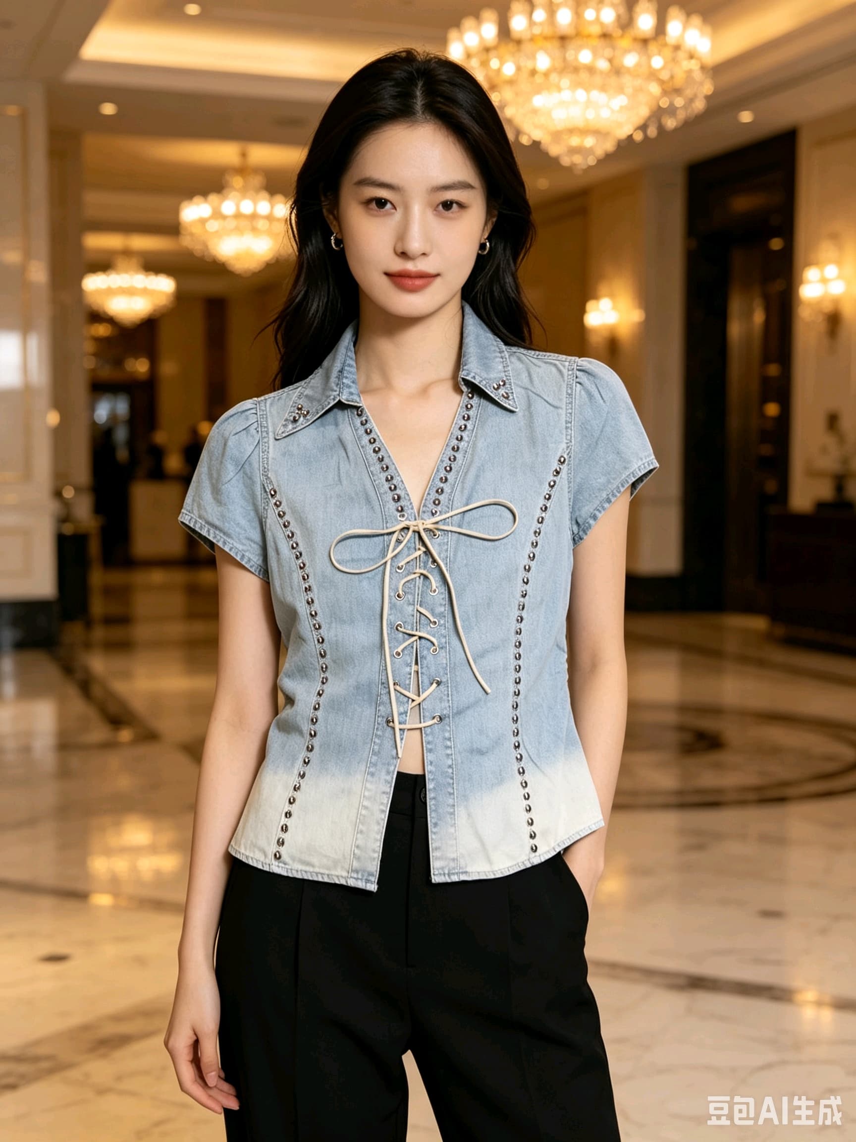 레트로 V넥 부서 반팔 데님 여성 셔츠 2026 여름 꼬집기 허리 슬림해 보이는 셔츠 쇼트 스타일 암소 ~ 중 맨위 반팔 이미지 3