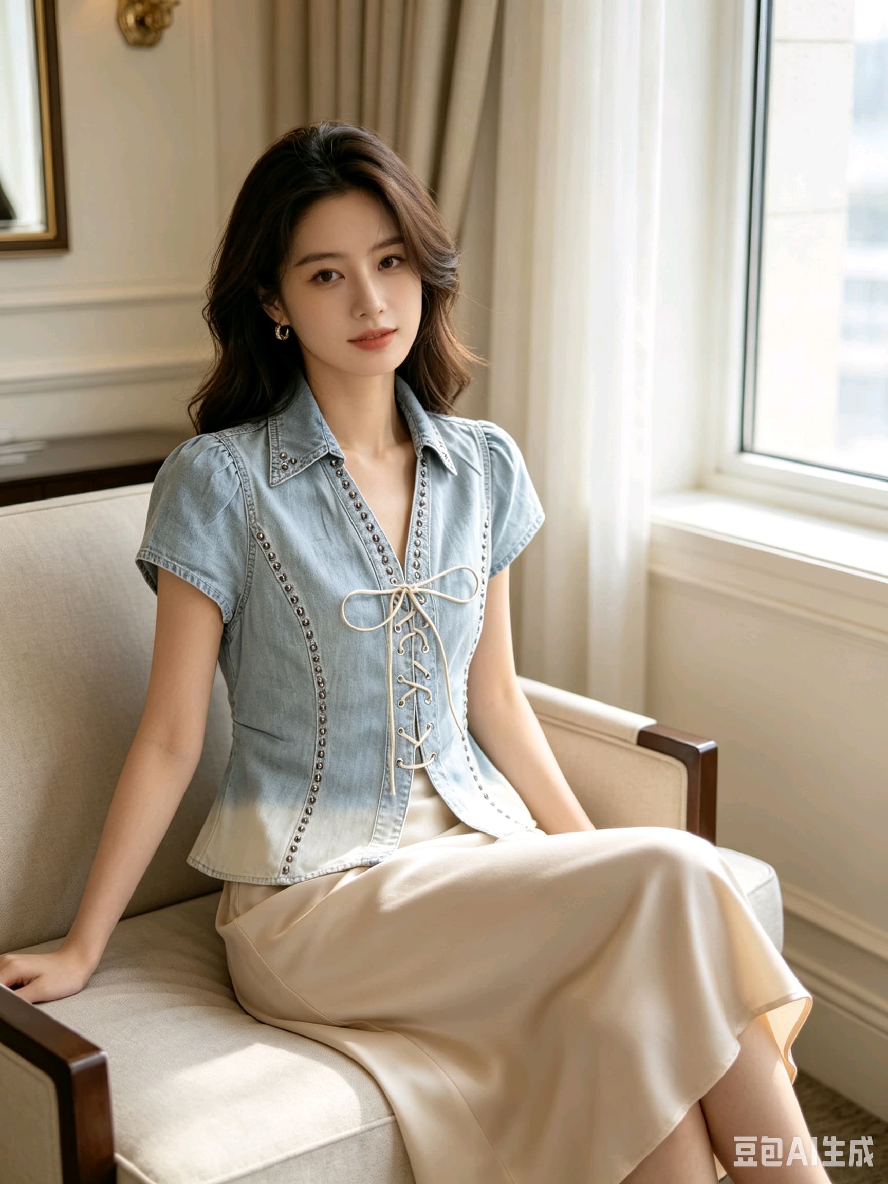 레트로 V넥 부서 반팔 데님 여성 셔츠 2026 여름 꼬집기 허리 슬림해 보이는 셔츠 쇼트 스타일 암소 ~ 중 맨위 반팔 이미지 4