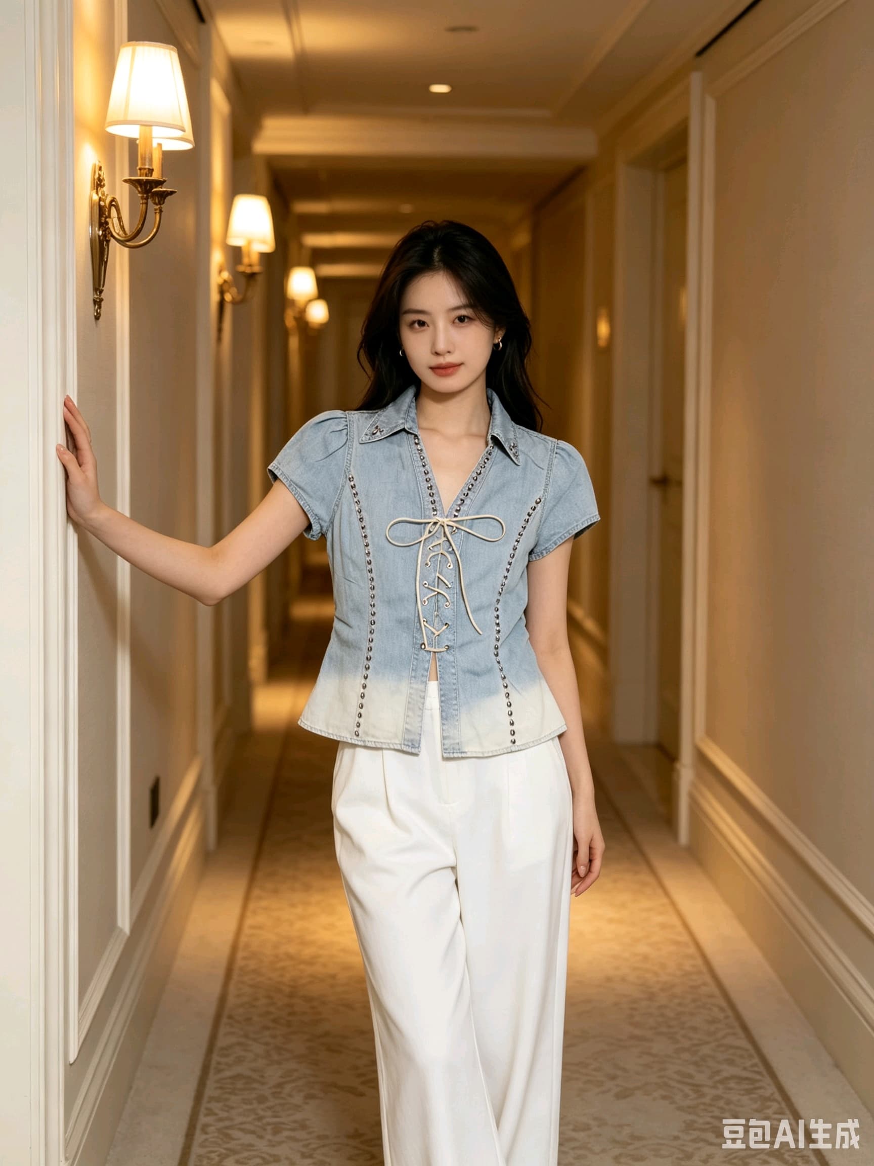 레트로 V넥 부서 반팔 데님 여성 셔츠 2026 여름 꼬집기 허리 슬림해 보이는 셔츠 쇼트 스타일 암소 ~ 중 맨위 반팔 상세 이미지 6
