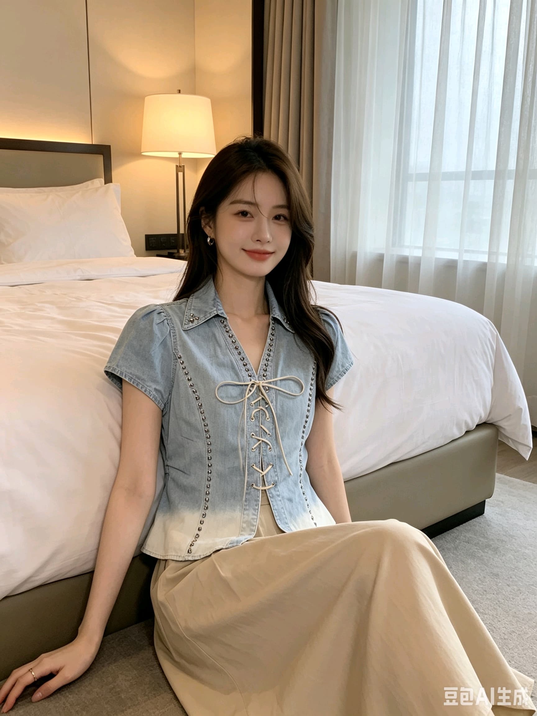 레트로 V넥 부서 반팔 데님 여성 셔츠 2026 여름 꼬집기 허리 슬림해 보이는 셔츠 쇼트 스타일 암소 ~ 중 맨위 반팔 상세 이미지 9