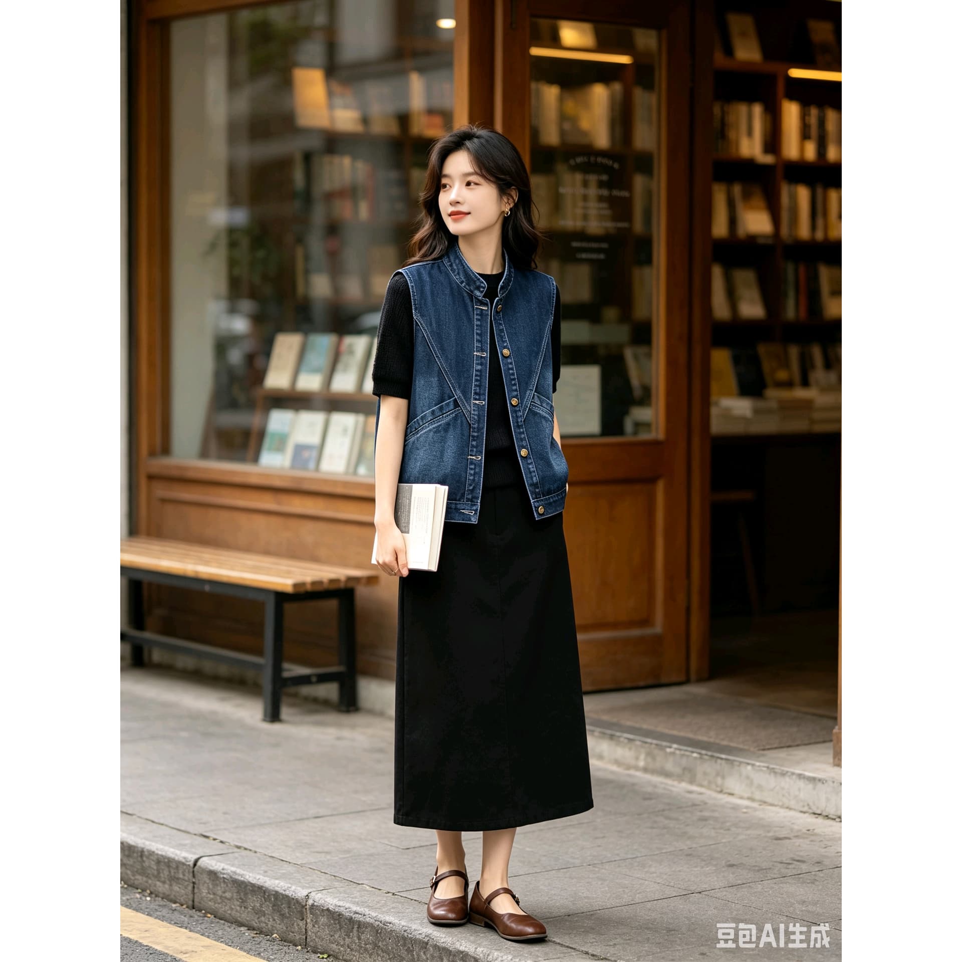 레트로 데님 베스트 봄 가을 패션 다용도 루즈핏 민소매 한국 스타일 외출용 조끼 어깨 이미지 5