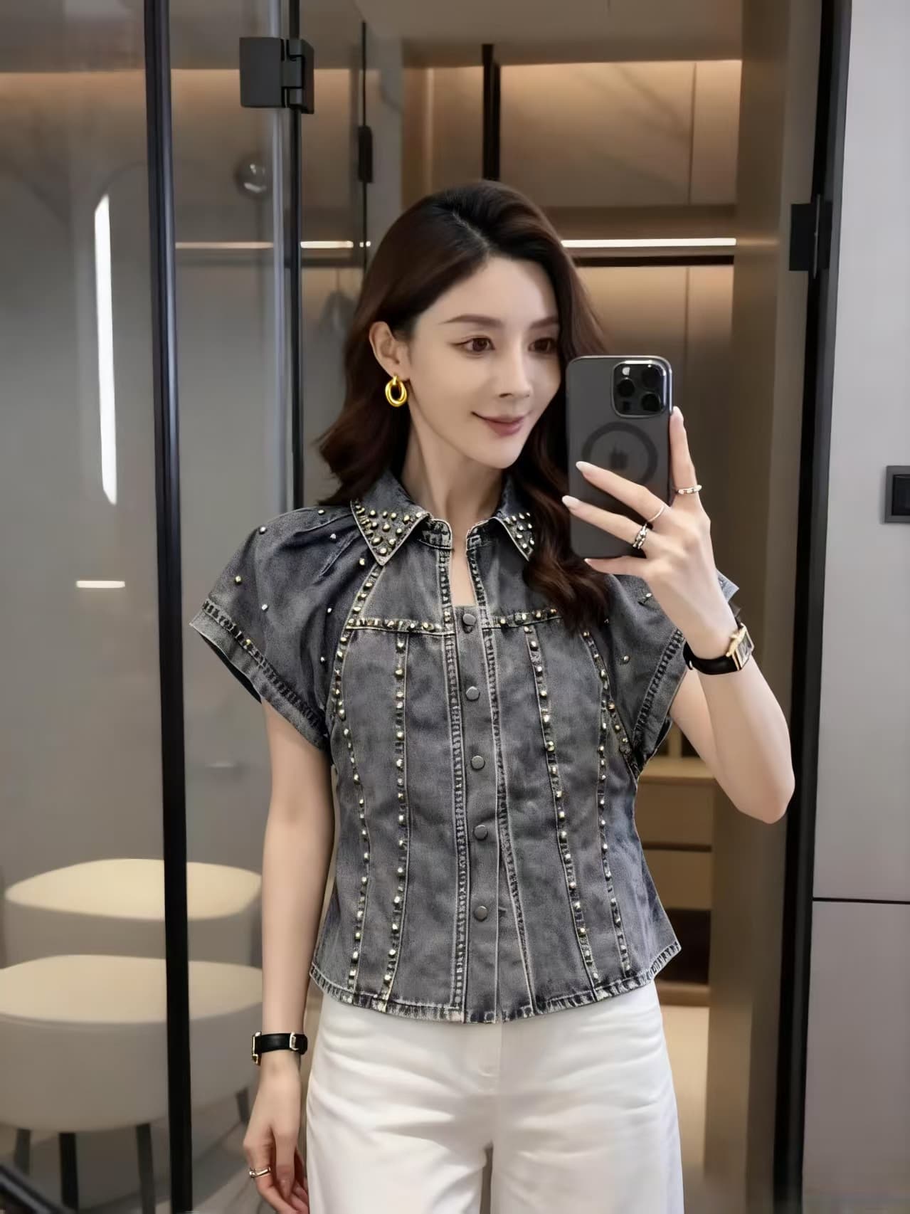 노스탤지어 레트로 데님 여름 가을 쇼트 스타일 패션 다용도 무거운 작업 반팔 한국 스타일 상세 이미지 16