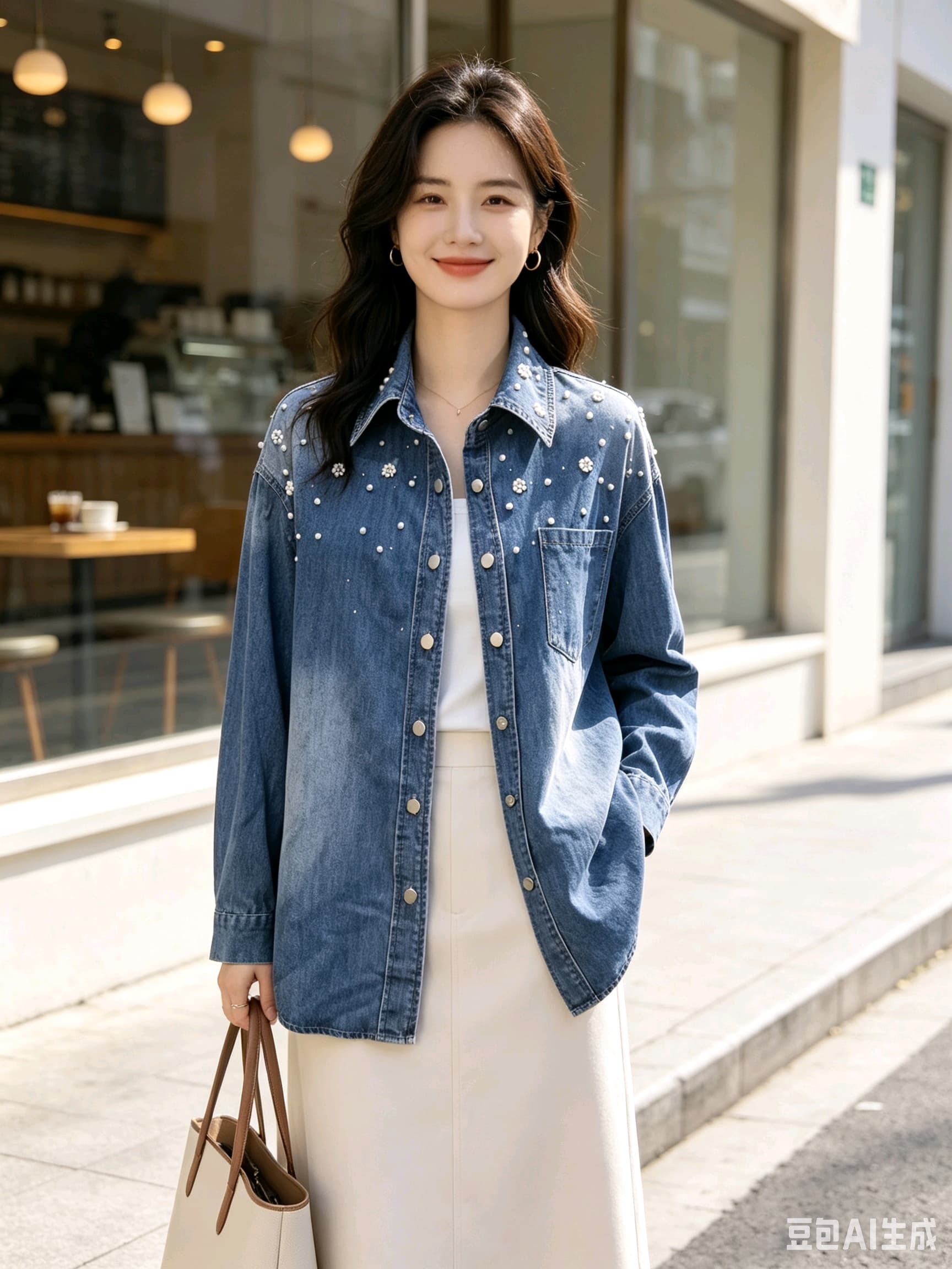 봄 가을 여름 섹션 여성 의류 프랑스식 신선함 캐주얼 면 소재 파란색 폴로 칼라 모방 진주 장식 데님 셔츠 이미지 2