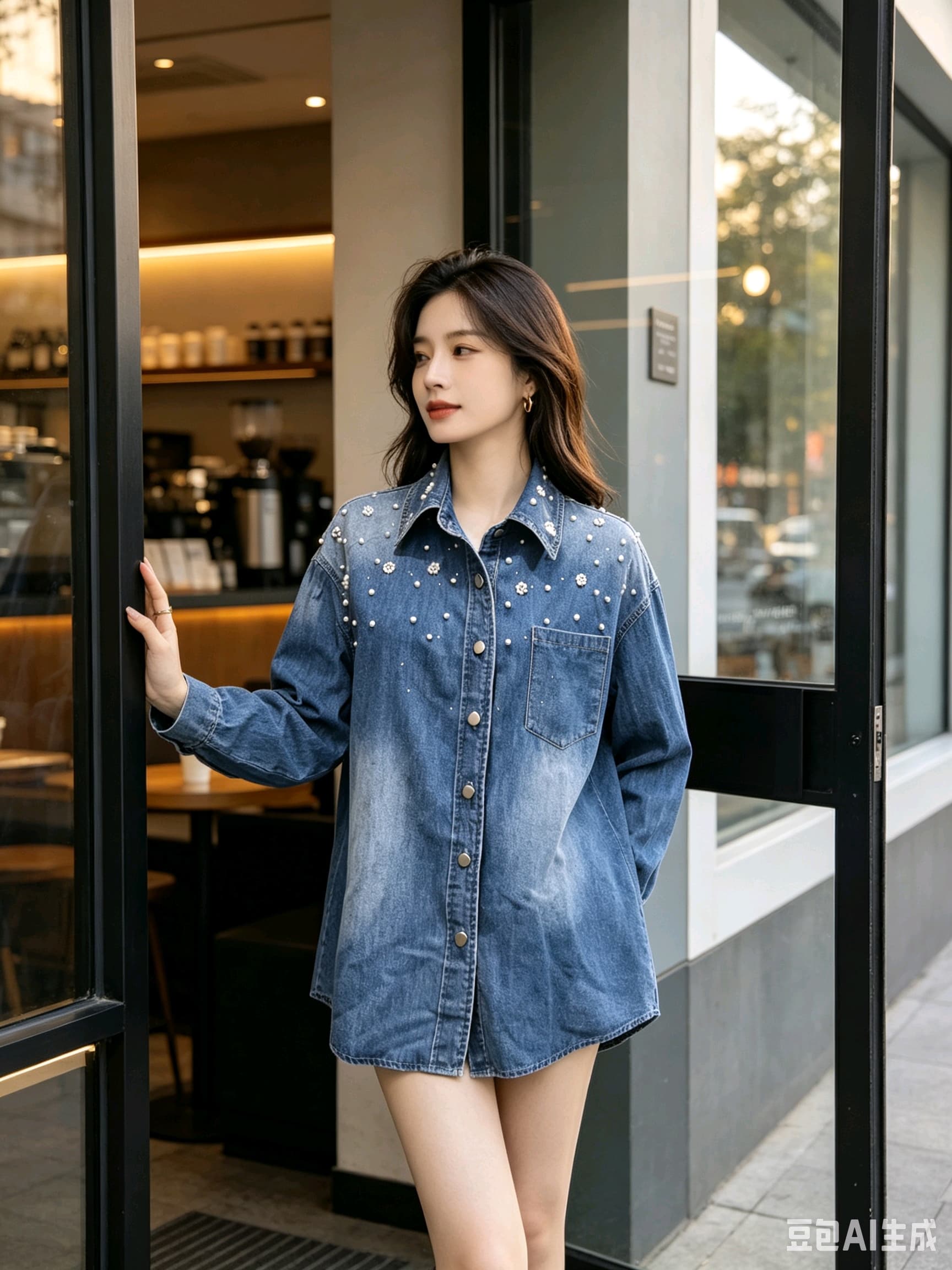 봄 가을 여름 섹션 여성 의류 프랑스식 신선함 캐주얼 면 소재 파란색 폴로 칼라 모방 진주 장식 데님 셔츠 이미지 4