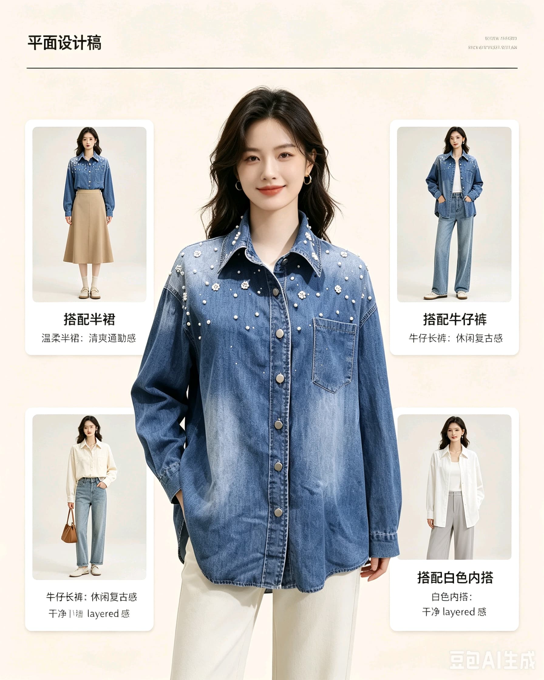 봄 가을 여름 섹션 여성 의류 프랑스식 신선함 캐주얼 면 소재 파란색 폴로 칼라 모방 진주 장식 데님 셔츠 상세 이미지 1