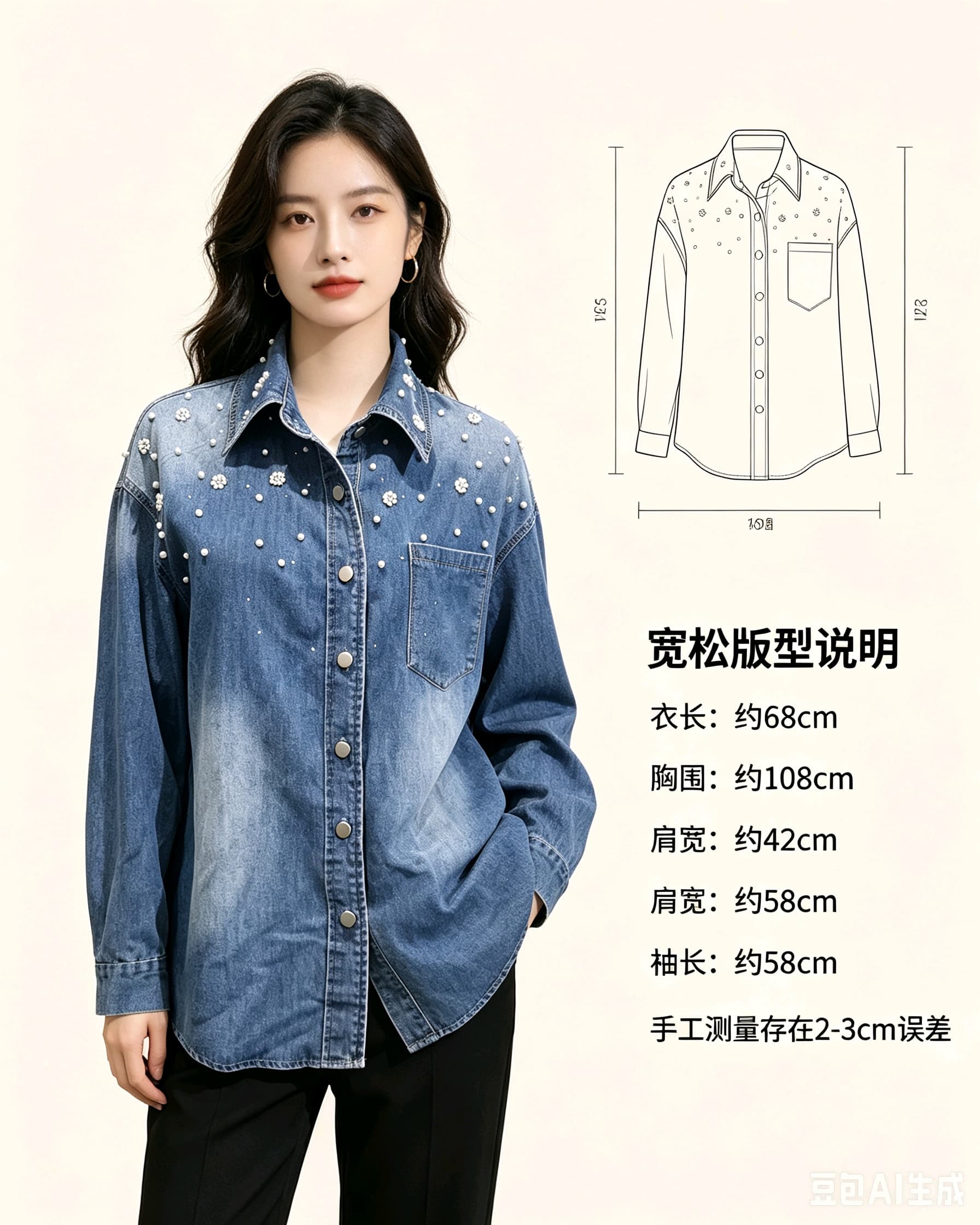 봄 가을 여름 섹션 여성 의류 프랑스식 신선함 캐주얼 면 소재 파란색 폴로 칼라 모방 진주 장식 데님 셔츠 상세 이미지 3