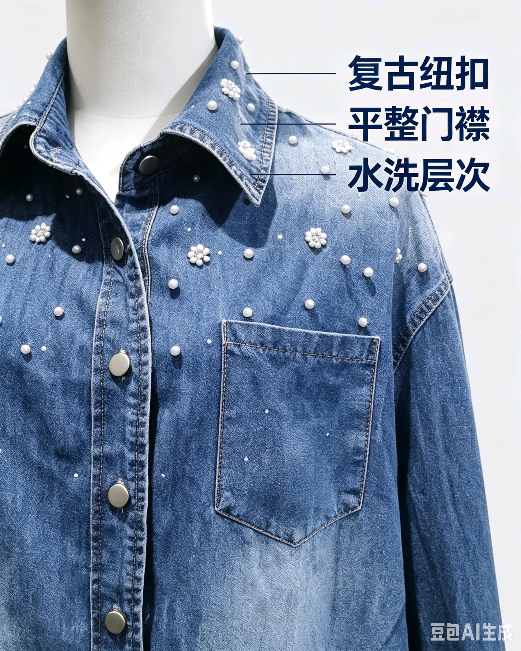 봄 가을 여름 섹션 여성 의류 프랑스식 신선함 캐주얼 면 소재 파란색 폴로 칼라 모방 진주 장식 데님 셔츠 상세 이미지 6