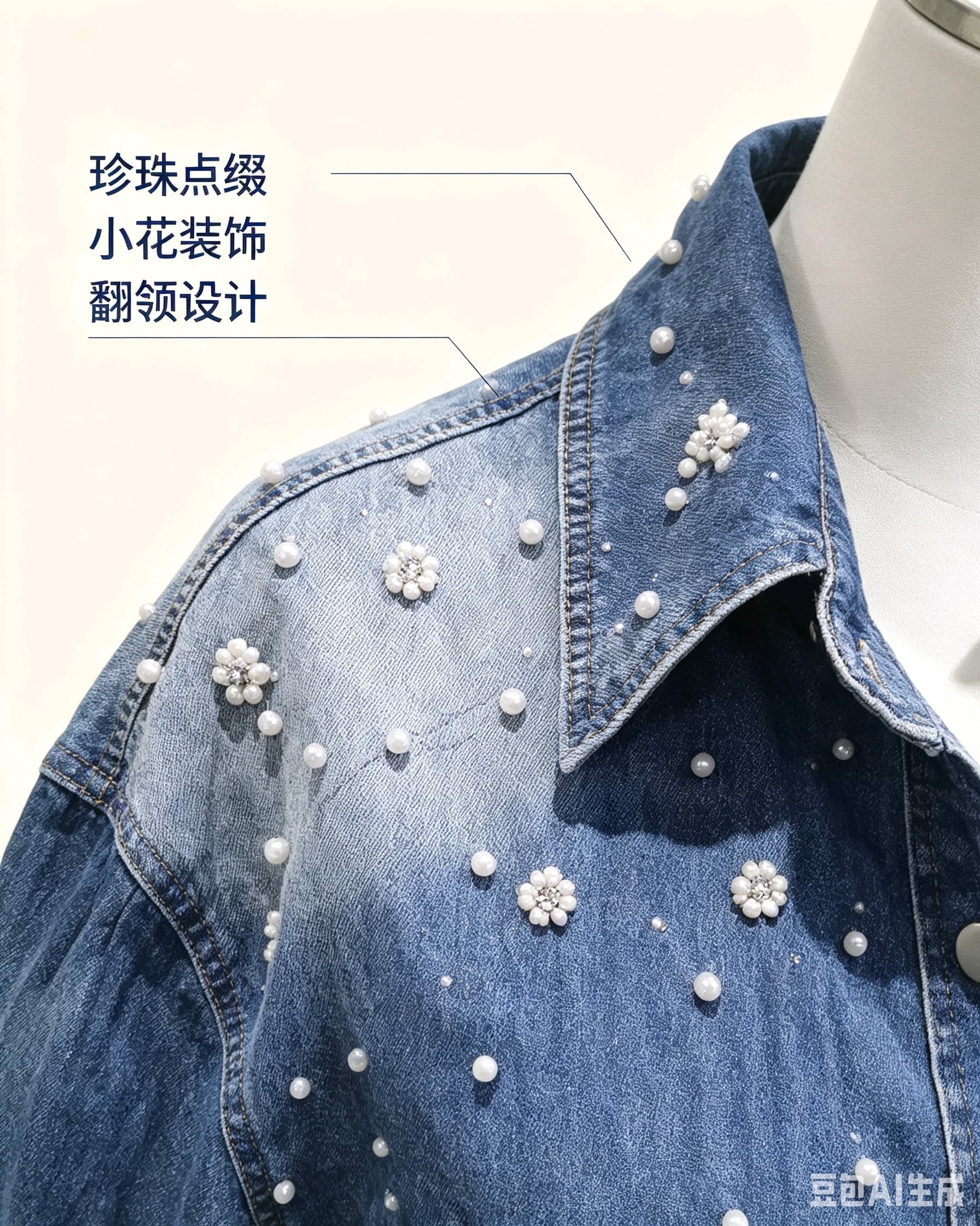 봄 가을 여름 섹션 여성 의류 프랑스식 신선함 캐주얼 면 소재 파란색 폴로 칼라 모방 진주 장식 데님 셔츠 상세 이미지 7