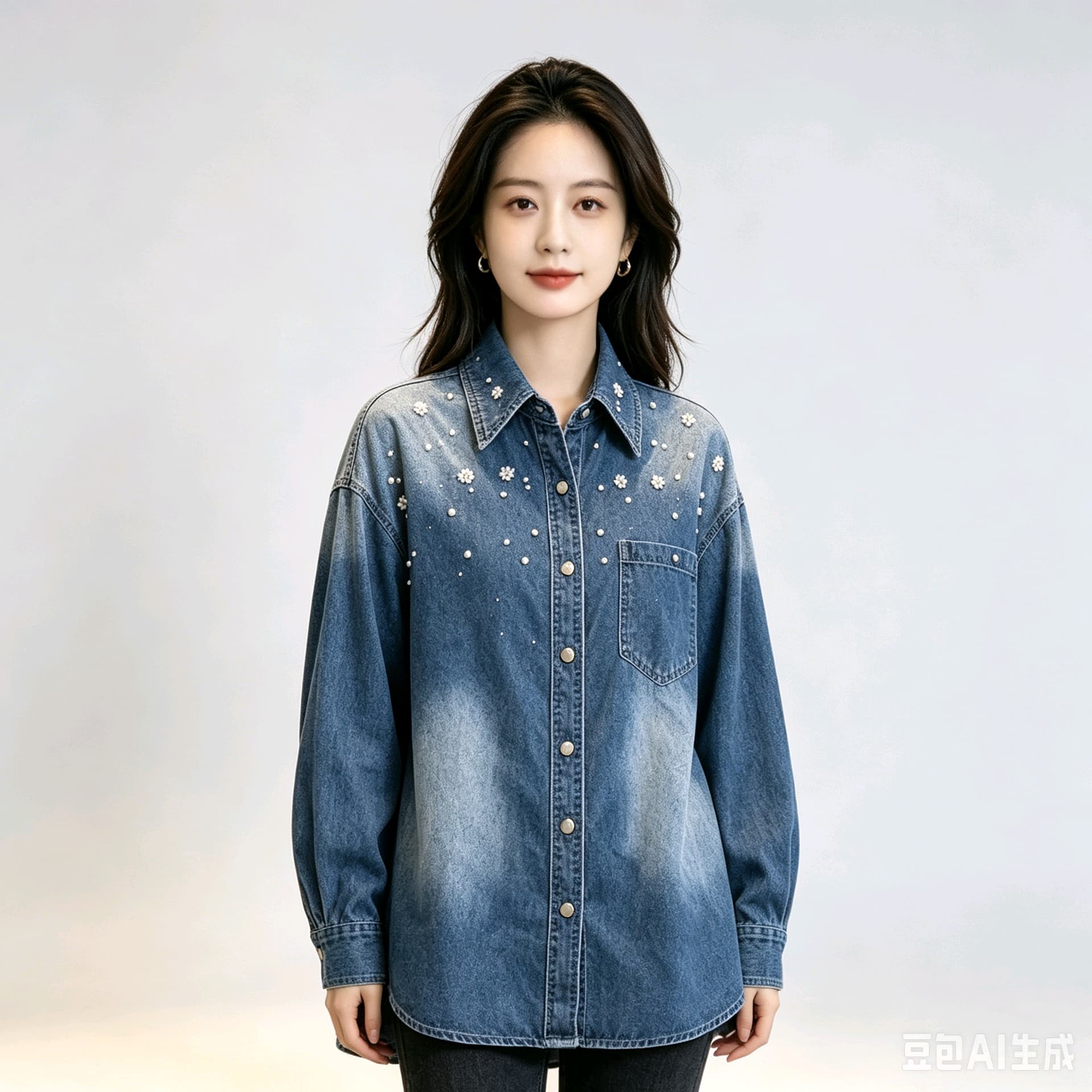 봄 가을 여름 섹션 여성 의류 프랑스식 신선함 캐주얼 면 소재 파란색 폴로 칼라 모방 진주 장식 데님 셔츠 상세 이미지 9