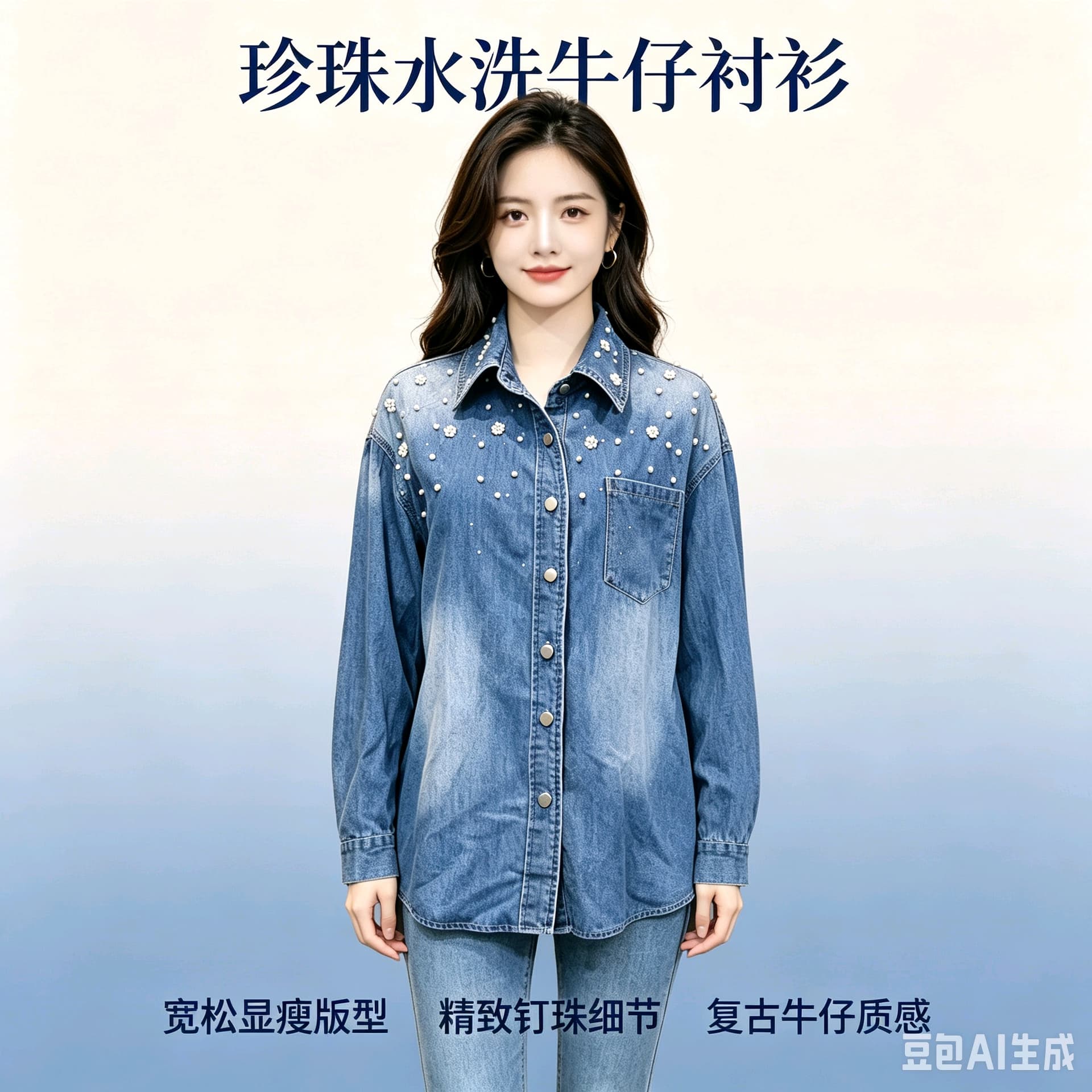 봄 가을 여름 섹션 여성 의류 프랑스식 신선함 캐주얼 면 소재 파란색 폴로 칼라 모방 진주 장식 데님 셔츠 상세 이미지 13