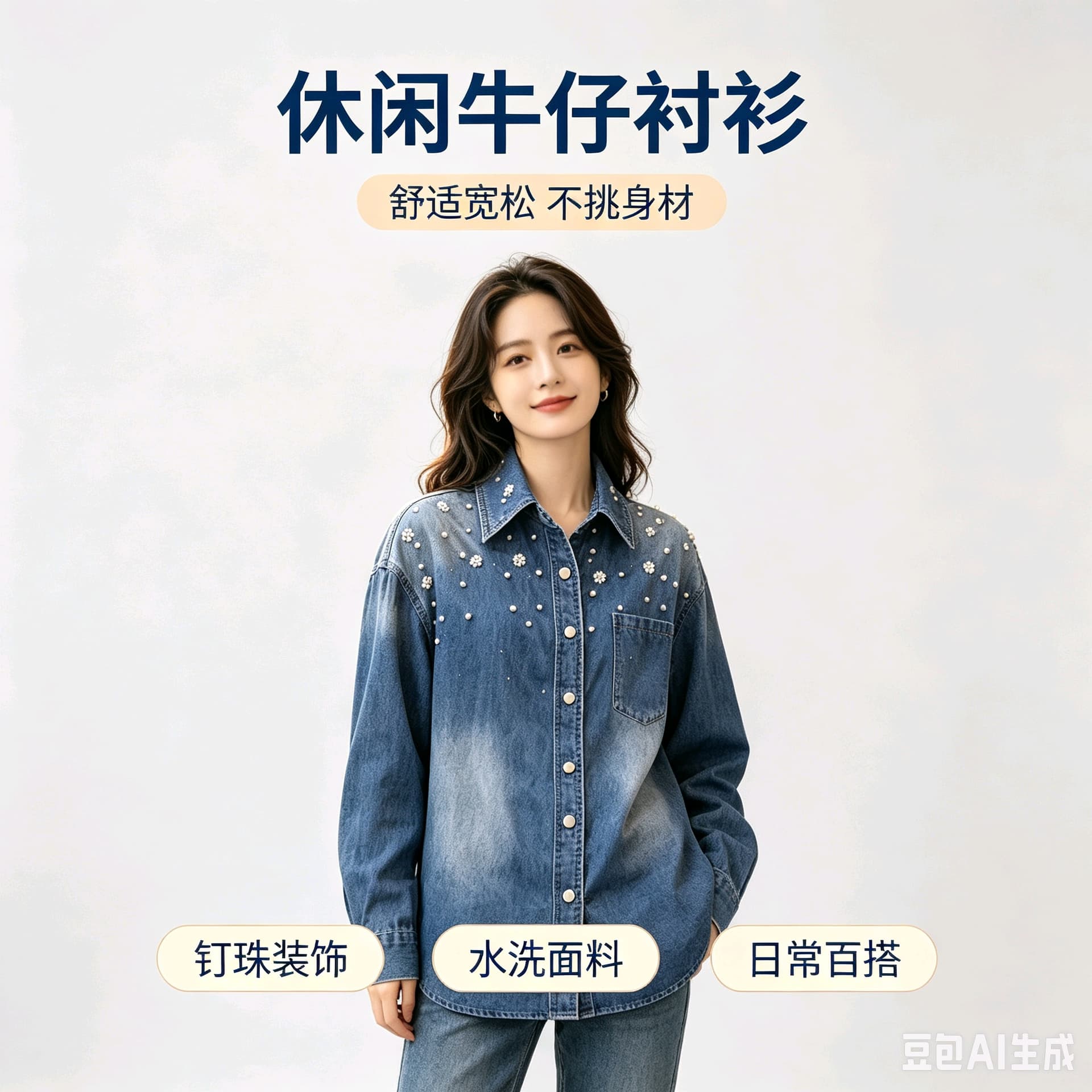 봄 가을 여름 섹션 여성 의류 프랑스식 신선함 캐주얼 면 소재 파란색 폴로 칼라 모방 진주 장식 데님 셔츠 상세 이미지 14