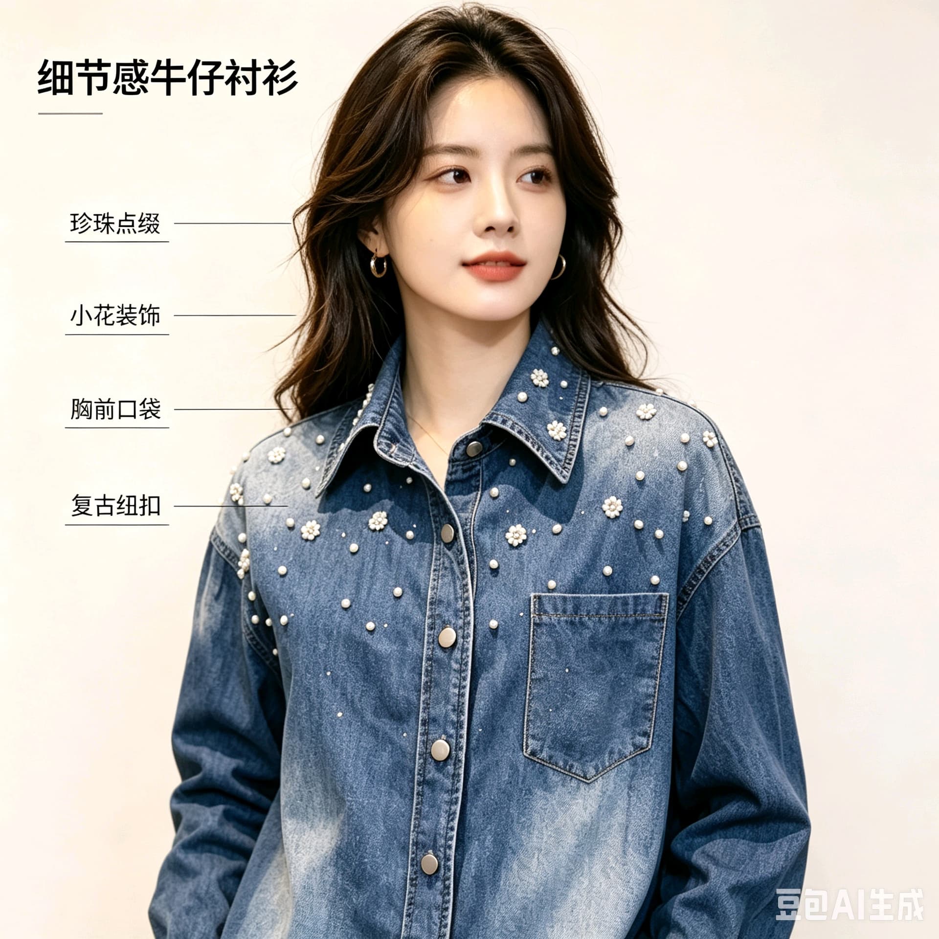 봄 가을 여름 섹션 여성 의류 프랑스식 신선함 캐주얼 면 소재 파란색 폴로 칼라 모방 진주 장식 데님 셔츠 상세 이미지 15