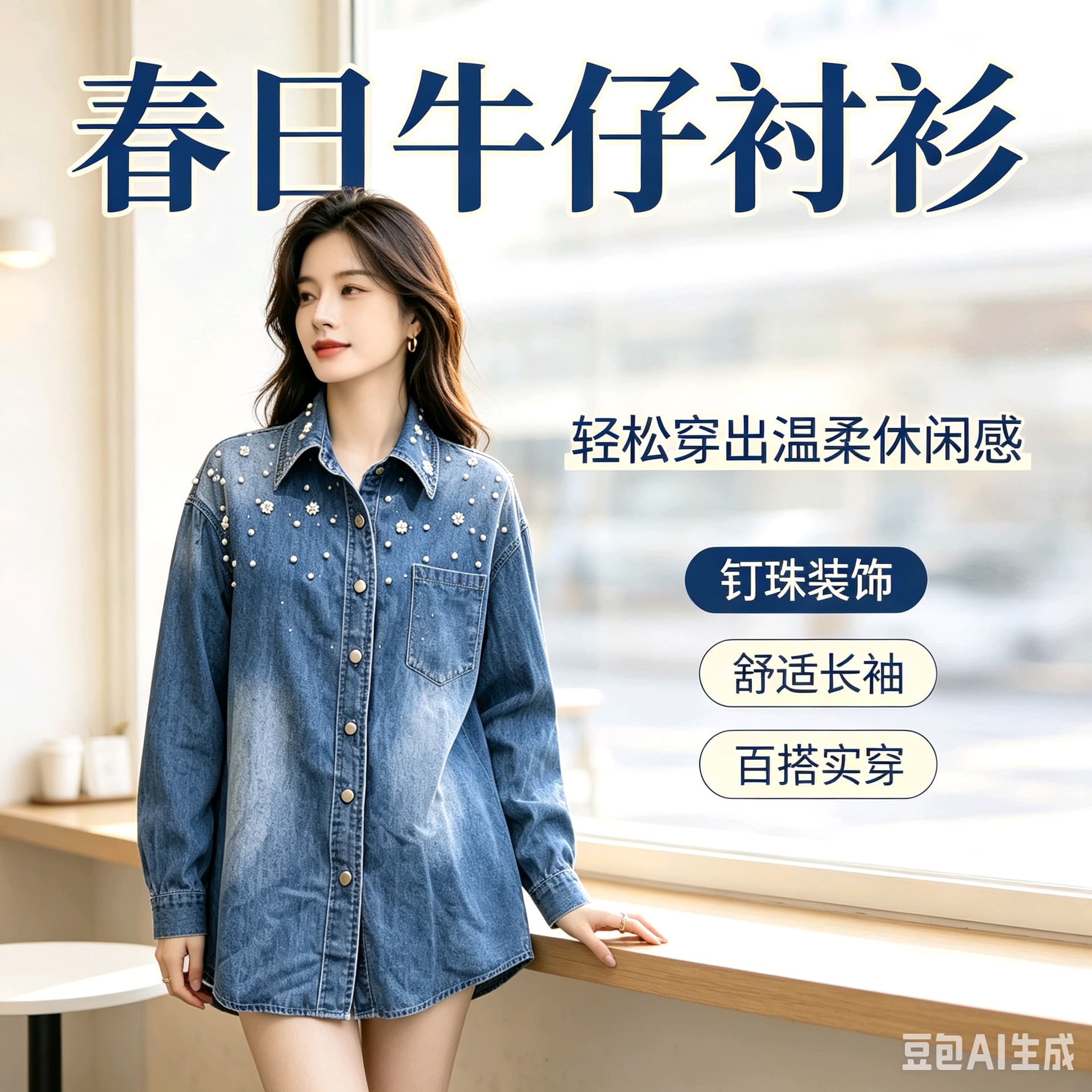 봄 가을 여름 섹션 여성 의류 프랑스식 신선함 캐주얼 면 소재 파란색 폴로 칼라 모방 진주 장식 데님 셔츠 상세 이미지 16