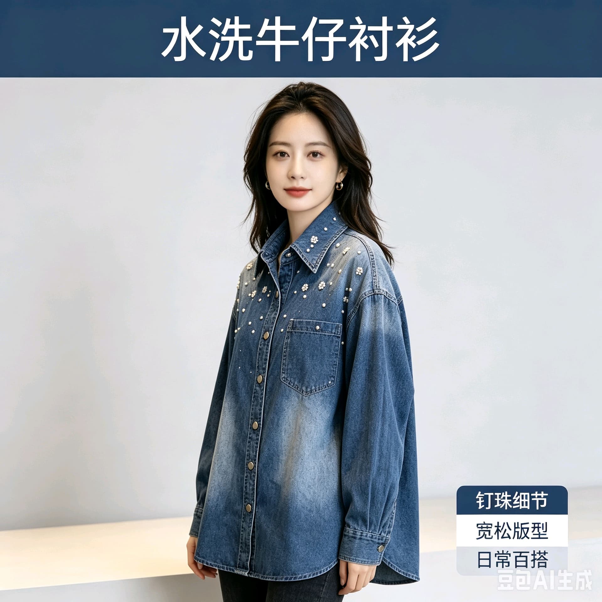 봄 가을 여름 섹션 여성 의류 프랑스식 신선함 캐주얼 면 소재 파란색 폴로 칼라 모방 진주 장식 데님 셔츠 상세 이미지 17