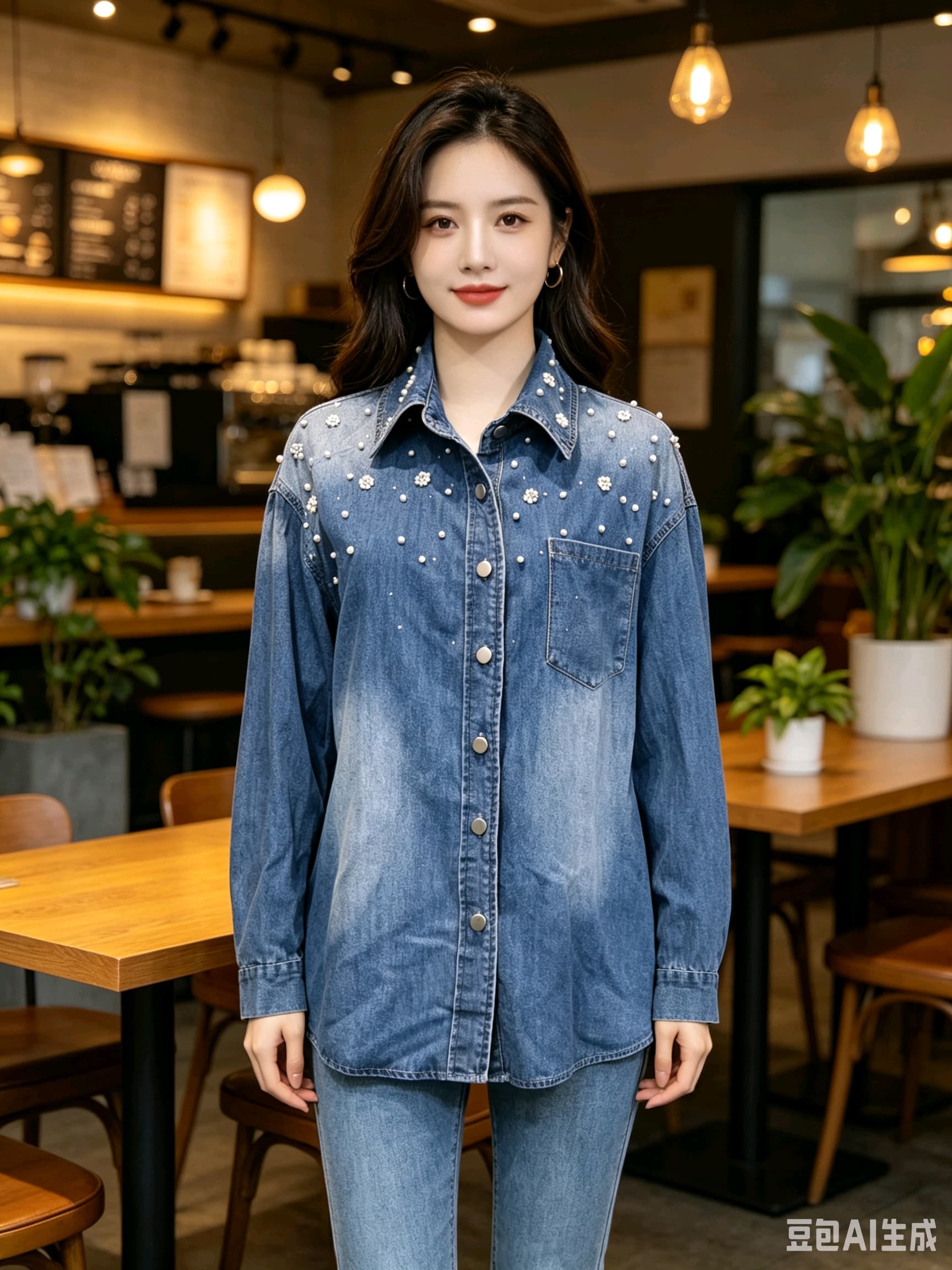 봄 가을 여름 섹션 여성 의류 프랑스식 신선함 캐주얼 면 소재 파란색 폴로 칼라 모방 진주 장식 데님 셔츠 상세 이미지 18