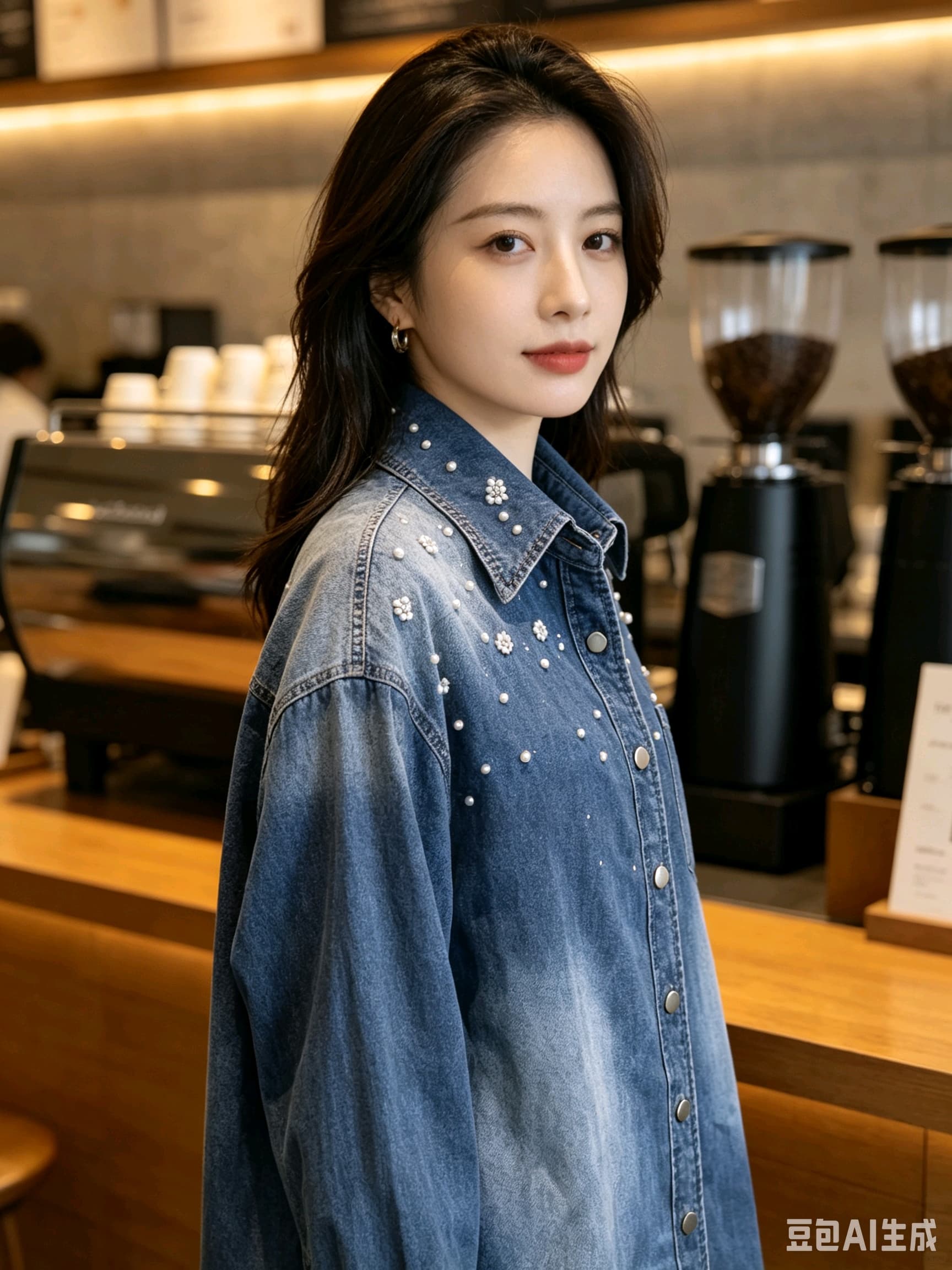 봄 가을 여름 섹션 여성 의류 프랑스식 신선함 캐주얼 면 소재 파란색 폴로 칼라 모방 진주 장식 데님 셔츠 상세 이미지 22