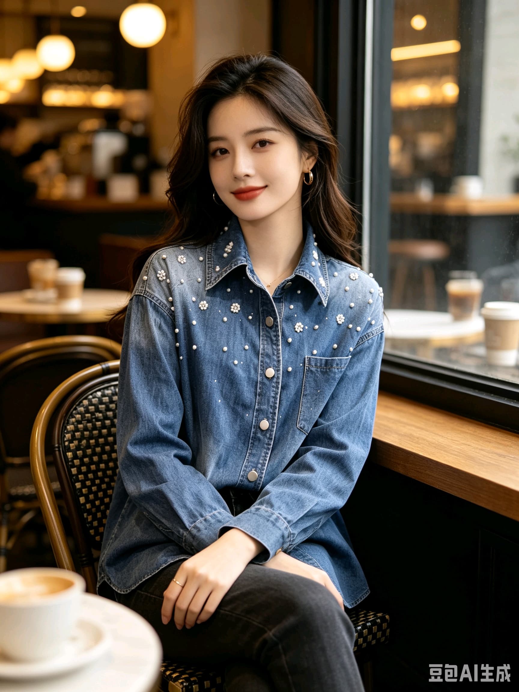 봄 가을 여름 섹션 여성 의류 프랑스식 신선함 캐주얼 면 소재 파란색 폴로 칼라 모방 진주 장식 데님 셔츠 상세 이미지 23