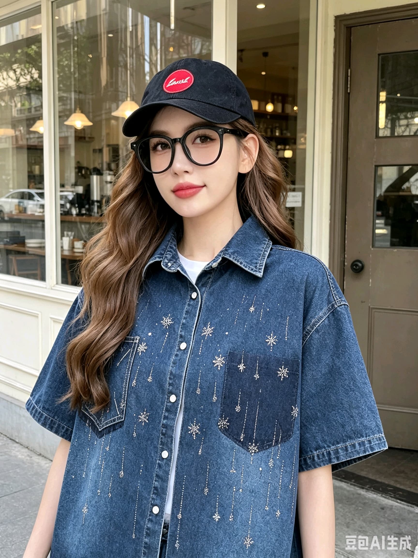한국 동대문 데님 맨위 반팔 여성 코트 무거운 작업 다이아몬드 세팅 고유 한 패션 트렌드 이미지 4