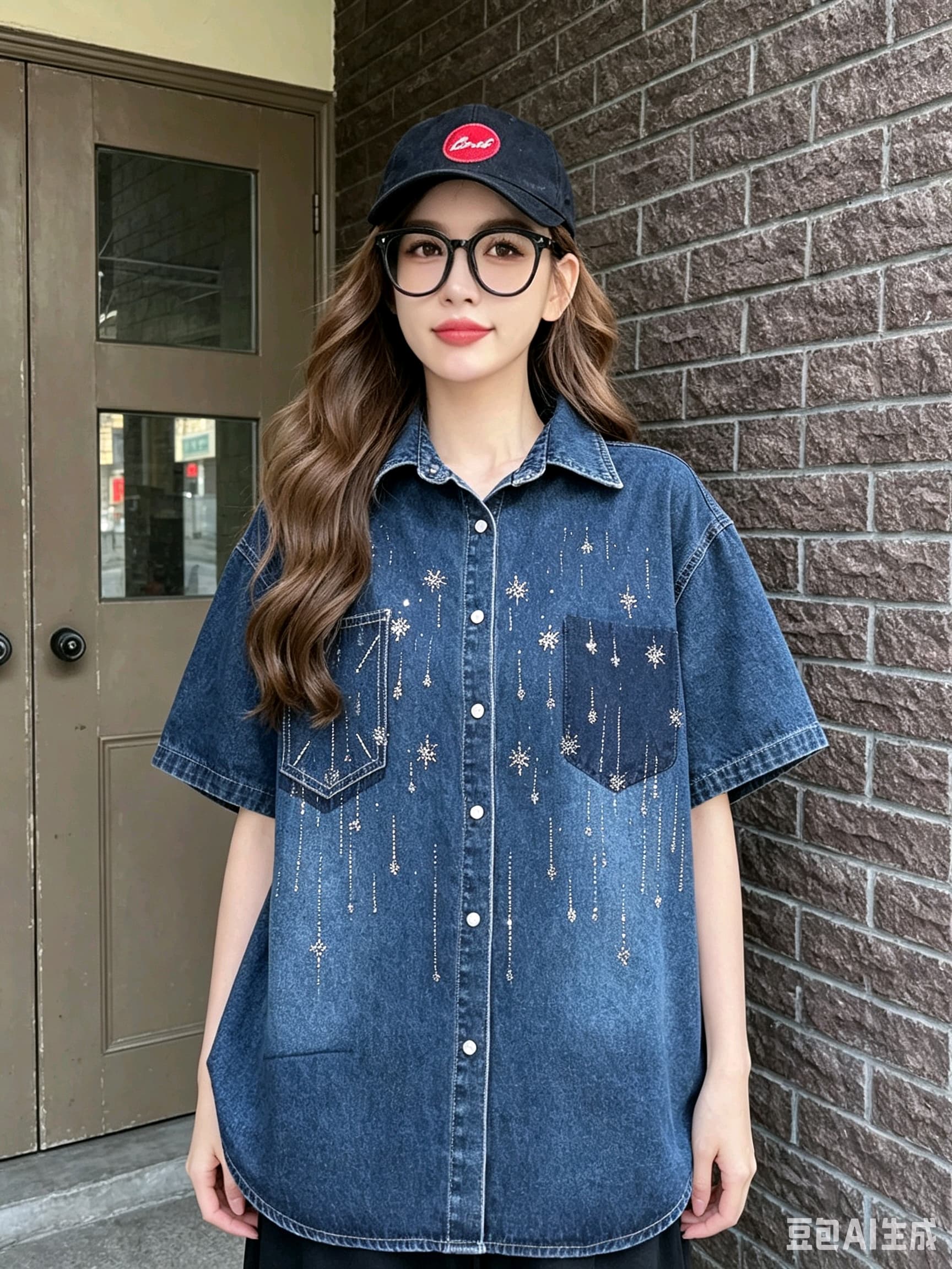 한국 동대문 데님 맨위 반팔 여성 코트 무거운 작업 다이아몬드 세팅 고유 한 패션 트렌드 이미지 5
