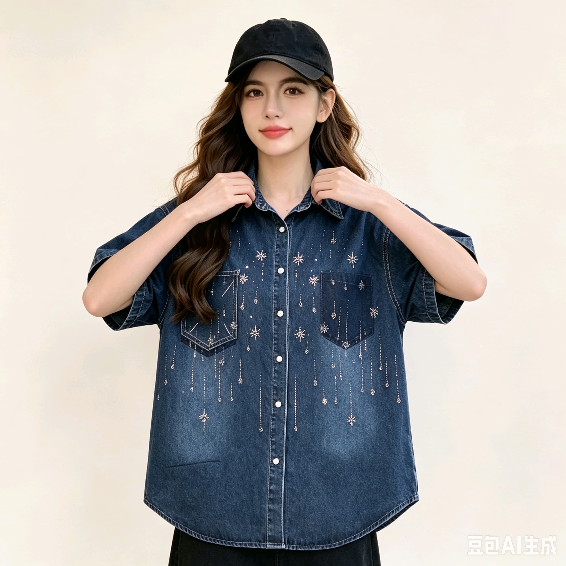 한국 동대문 데님 맨위 반팔 여성 코트 무거운 작업 다이아몬드 세팅 고유 한 패션 트렌드 상세 이미지 26