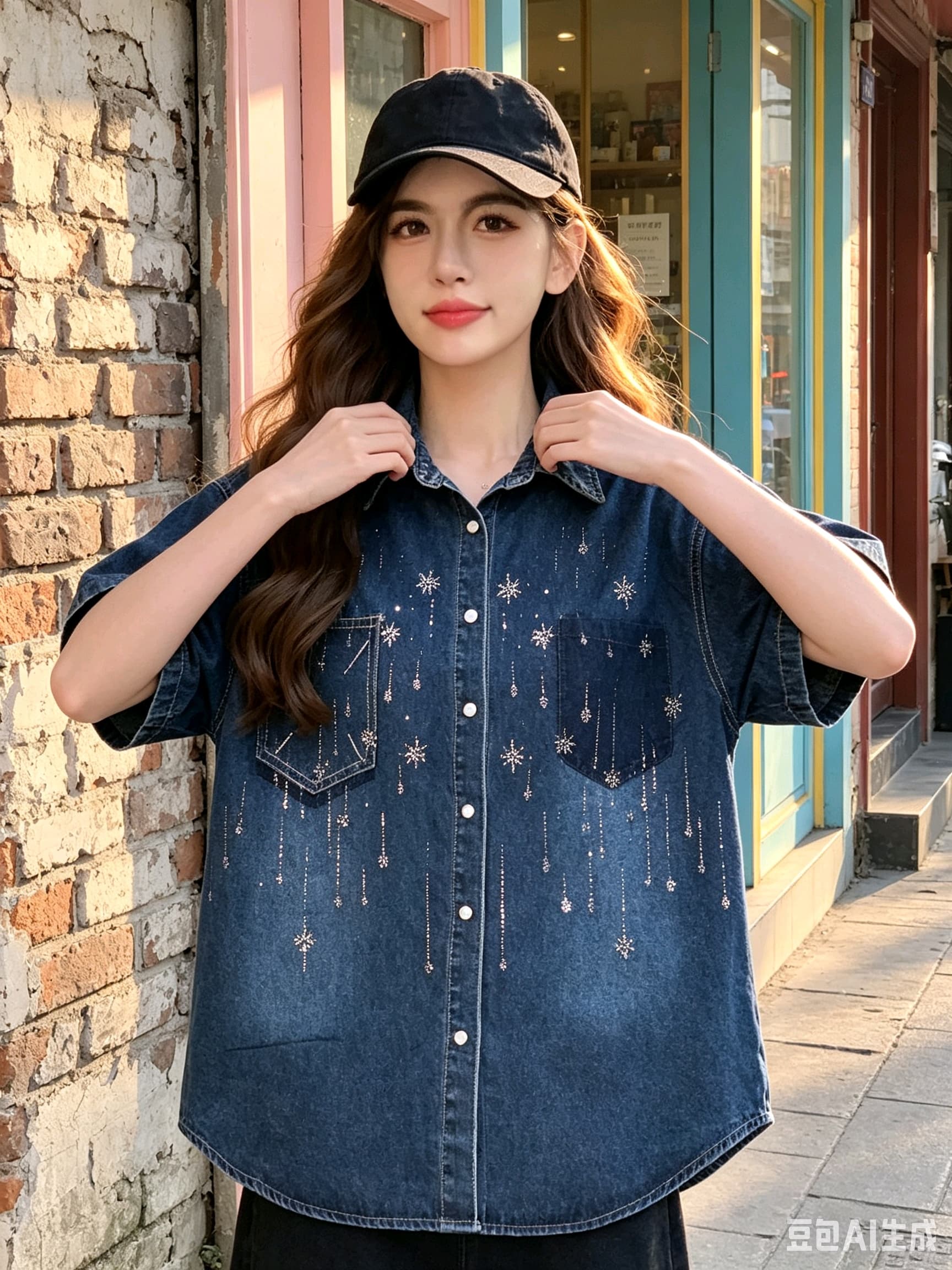 한국 동대문 데님 맨위 반팔 여성 코트 무거운 작업 다이아몬드 세팅 고유 한 패션 트렌드 상세 이미지 37