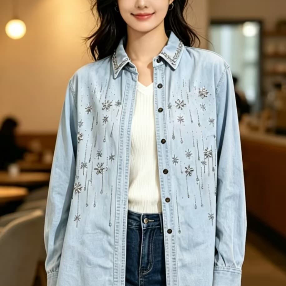 한국 동대문 데님 셔츠 여성 코트 무거운 작업 유럽 역 이미지 6