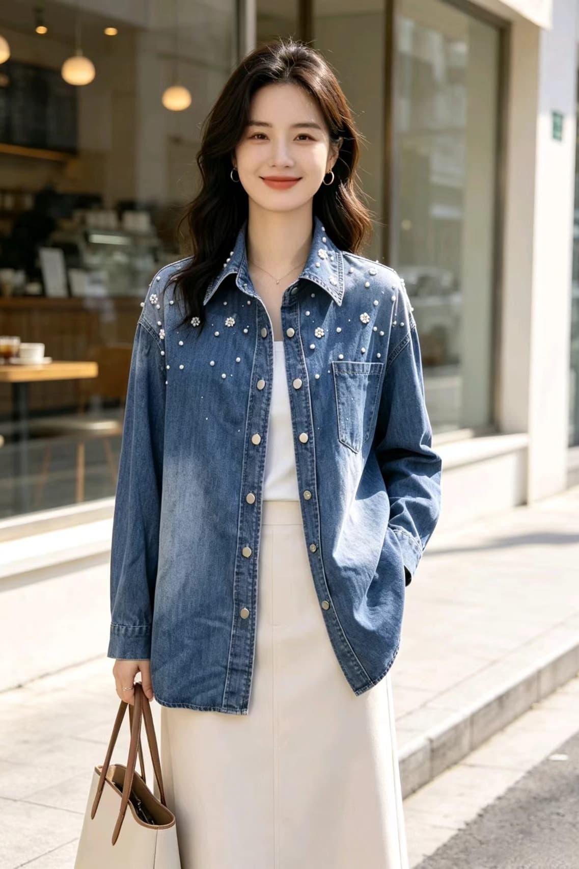 봄 가을 여름 섹션 여성 의류 프랑스식 신선함 캐주얼 면 소재 파란색 폴로 칼라 모방 진주 장식 데님 셔츠 이미지 6